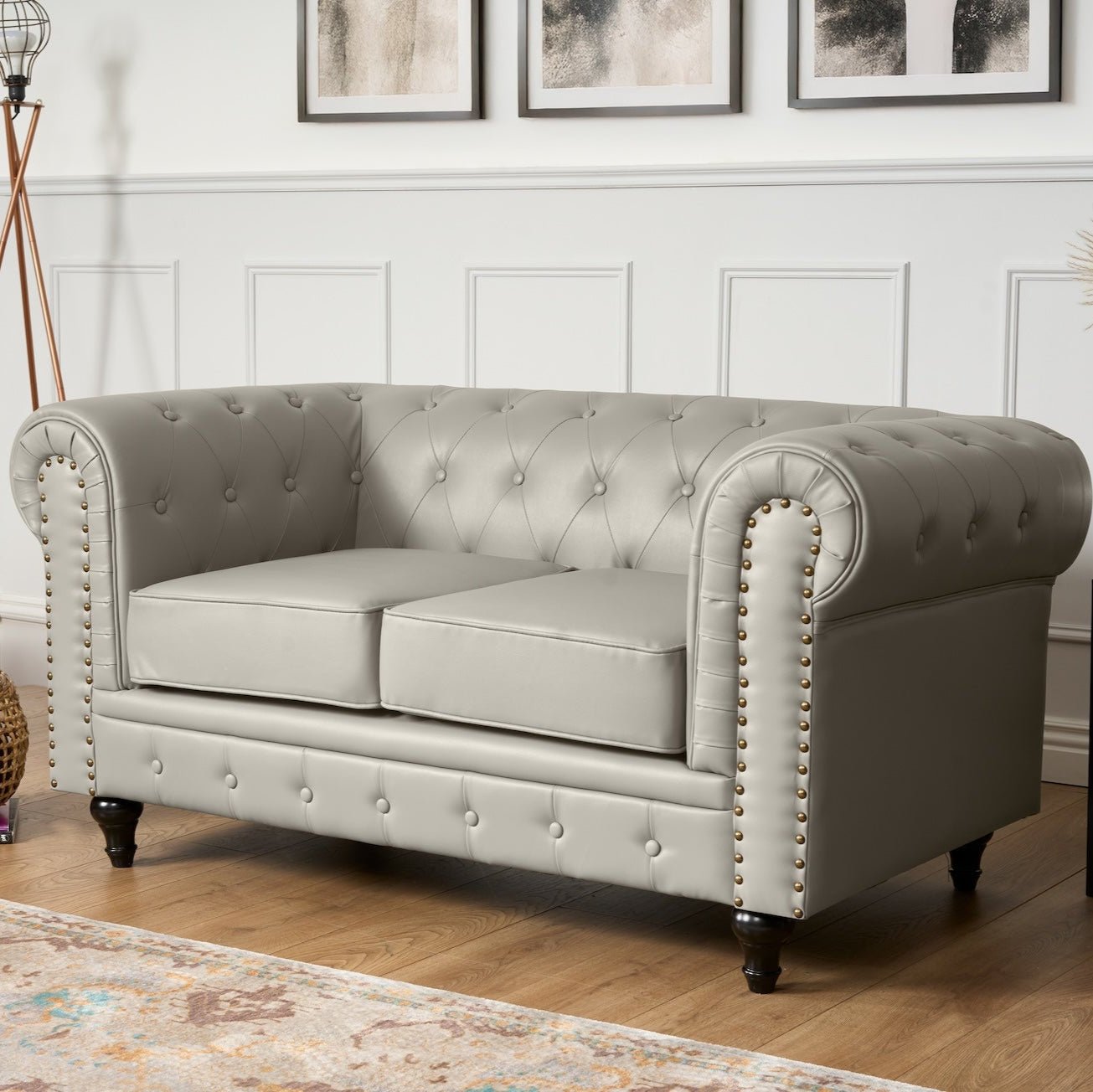 Faux Leather Chesterfield Two Seater Sofa - Light Grey - Bargainia.com - 