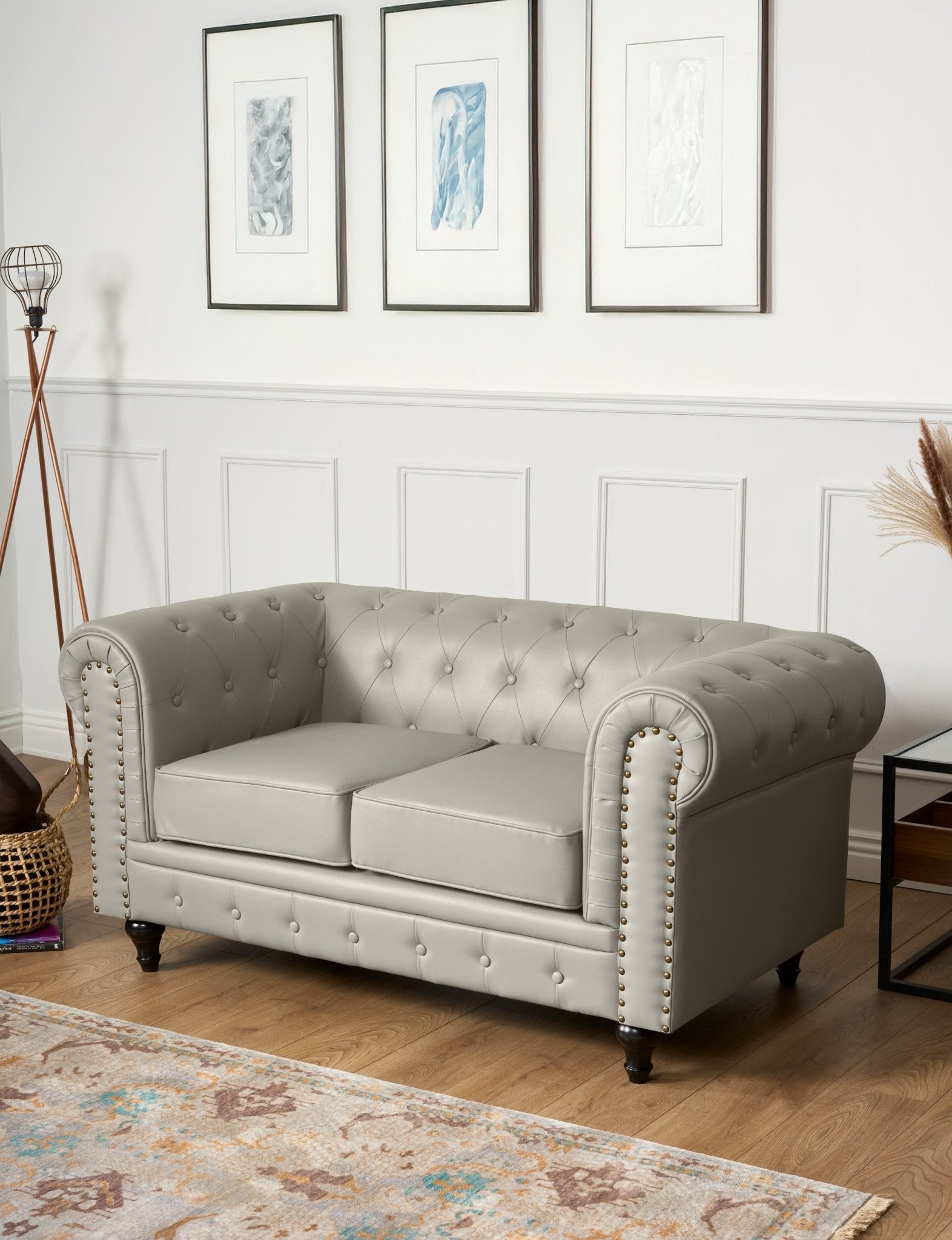 Faux Leather Chesterfield Two Seater Sofa - Light Grey Furniture Bargainia