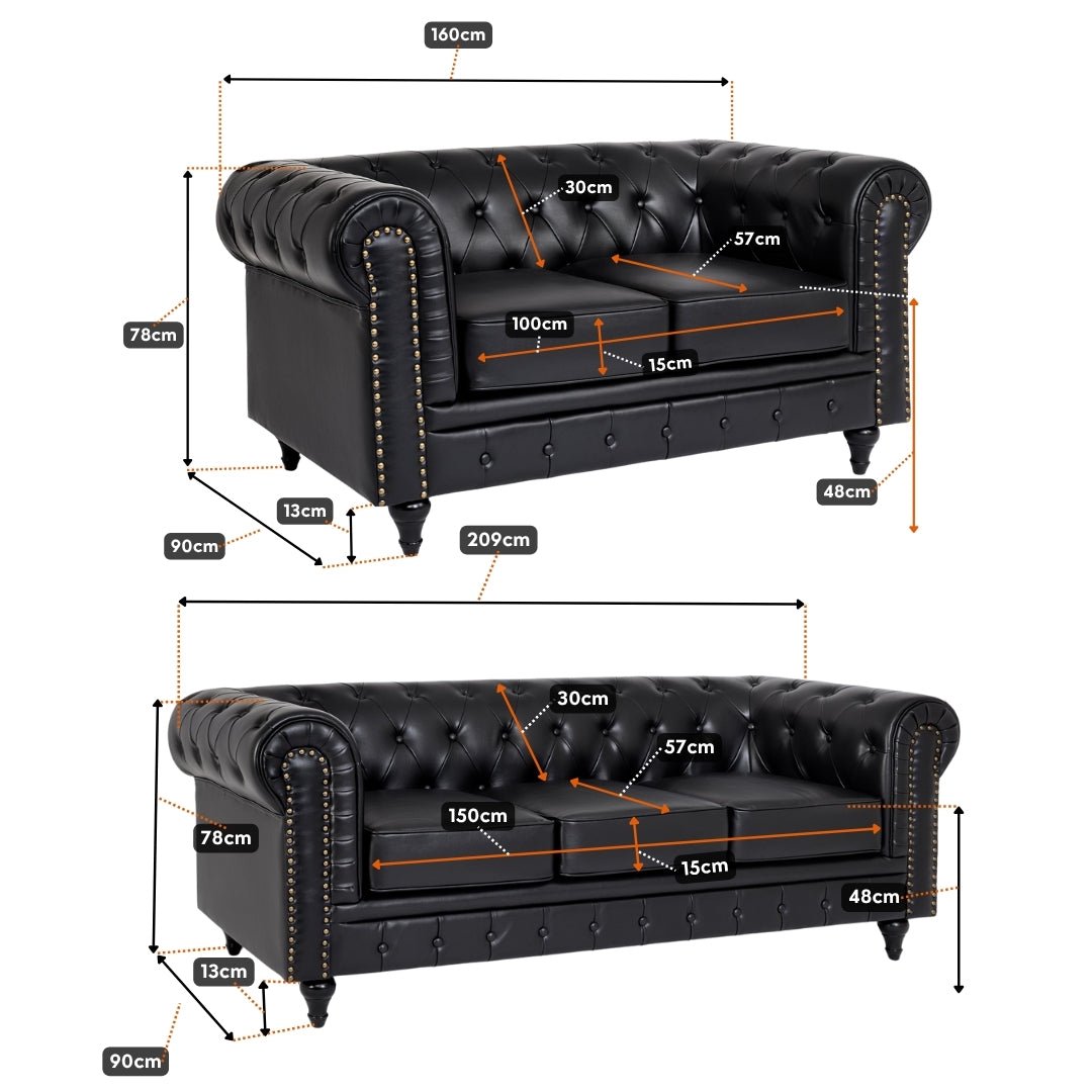 Faux Leather Chesterfield Two & Three Seater Sofa - Black - Bargainia.com - 