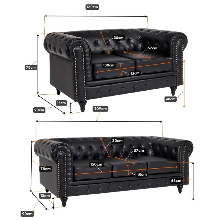 Faux Leather Chesterfield Two & Three Seater Sofa - Black - Bargainia.com - 