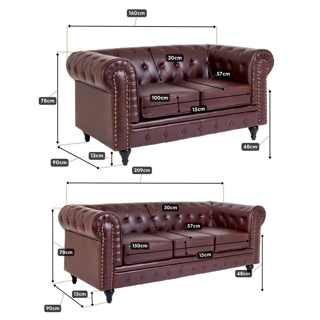 Faux Leather Chesterfield Two & Three Seater Sofa - Brown - Bargainia.com - 