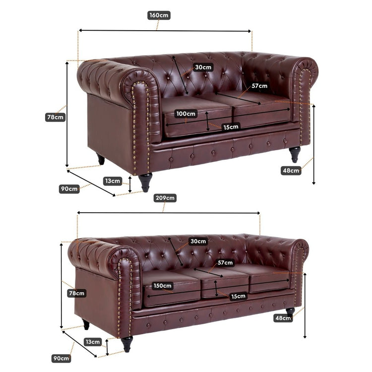 Faux Leather Chesterfield Two & Three Seater Sofa - Brown - Bargainia.com - 