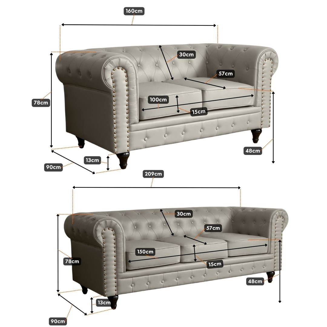 Faux Leather Chesterfield Two & Three Seater Sofa - Light Grey - Bargainia.com - 