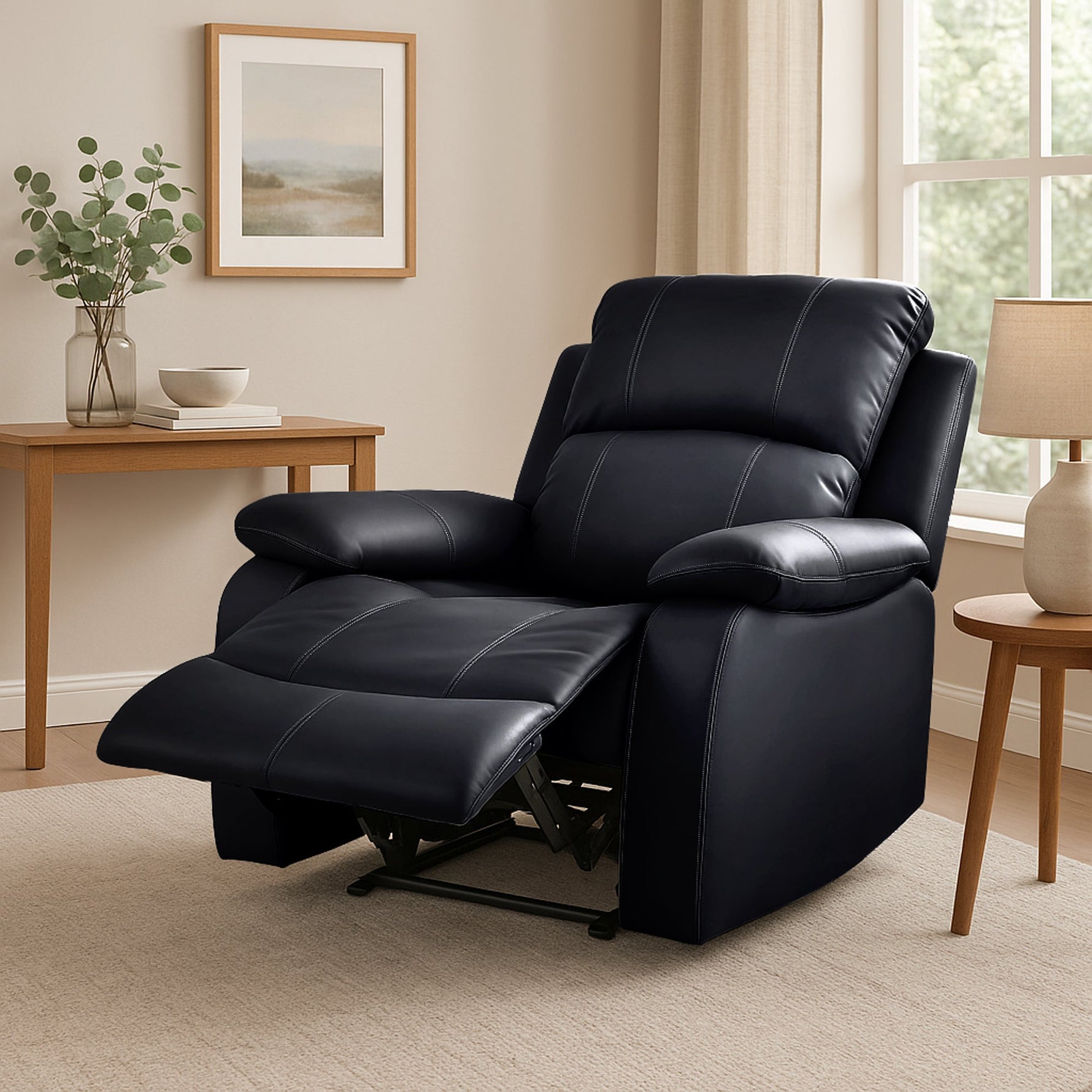 Faux Leather Manual Recliner Arm Chair - Black - Bargainia.com - 