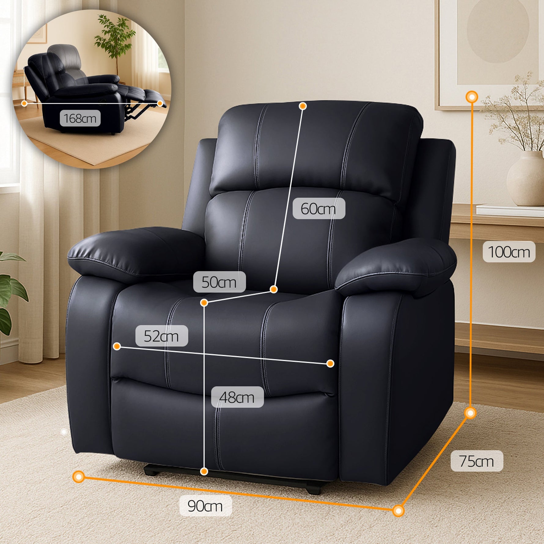 Faux Leather Manual Recliner Arm Chair - Black - Bargainia.com - 