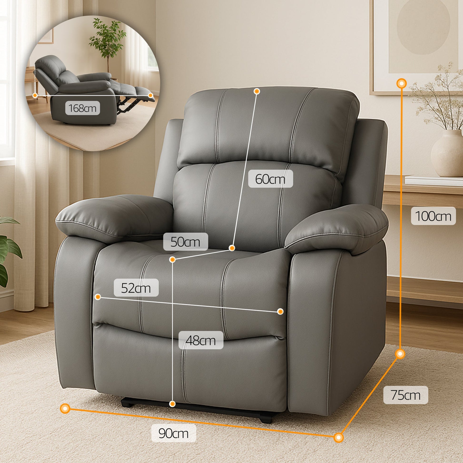 Faux Leather Manual Recliner Arm Chair - Charcoal Grey - Bargainia.com - 8800228253293 - MLM-111433-1