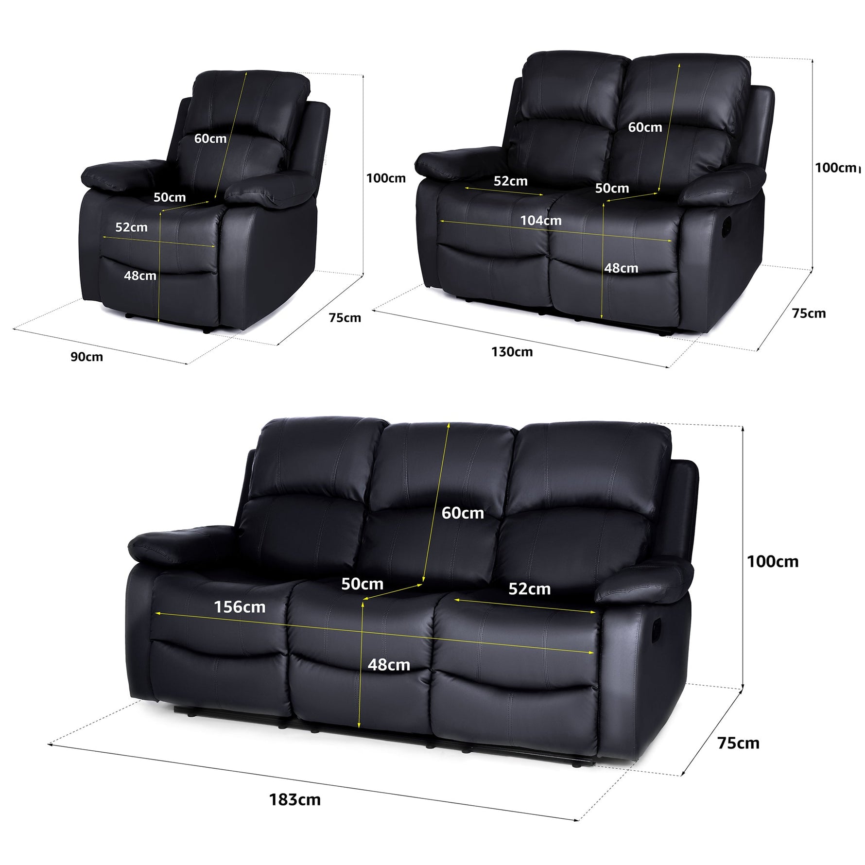Faux Leather Manual Recliner Sofa Suite - Black - Bargainia.com - 