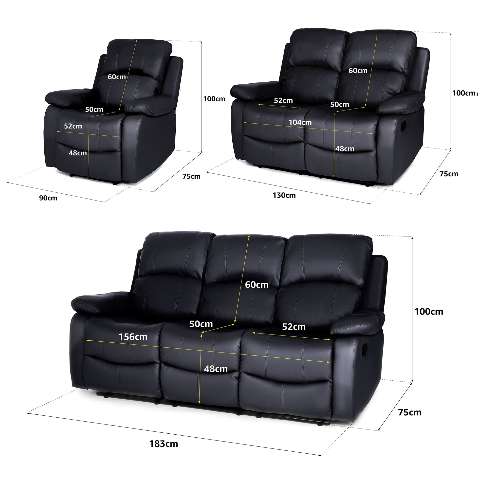Faux Leather Manual Recliner Sofa Suite - Black - Bargainia.com - 5056150222934 - MLM-111433-S123-BLK
