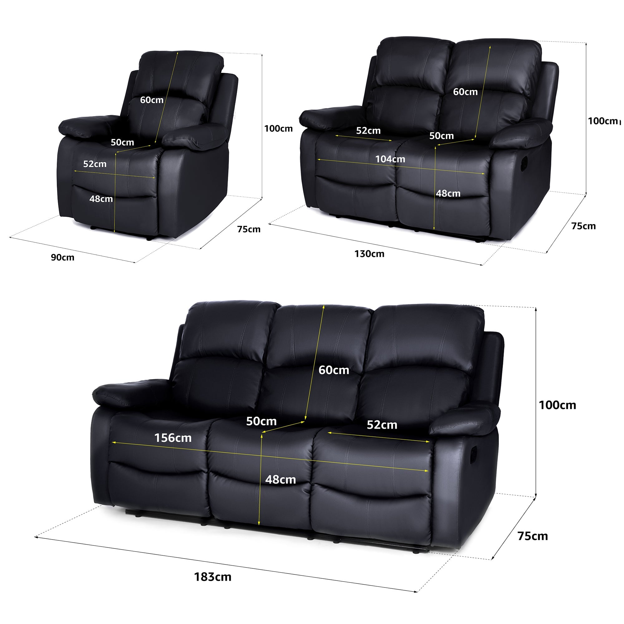 Faux Leather Manual Recliner Sofa Suite - Black - Bargainia.com - 5056150222934 - MLM-111433-S123-BLK