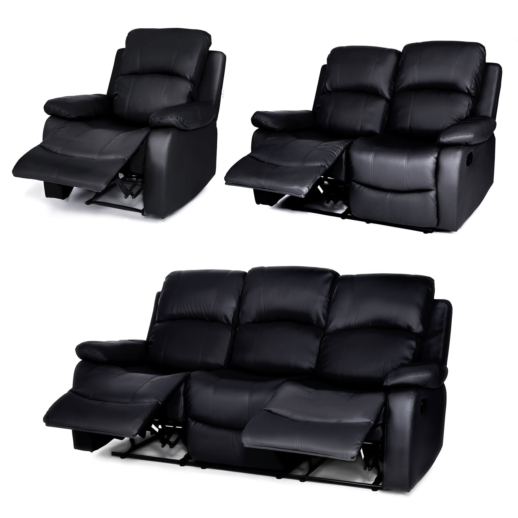 Faux Leather Manual Recliner Sofa Suite - Black - Bargainia.com - 