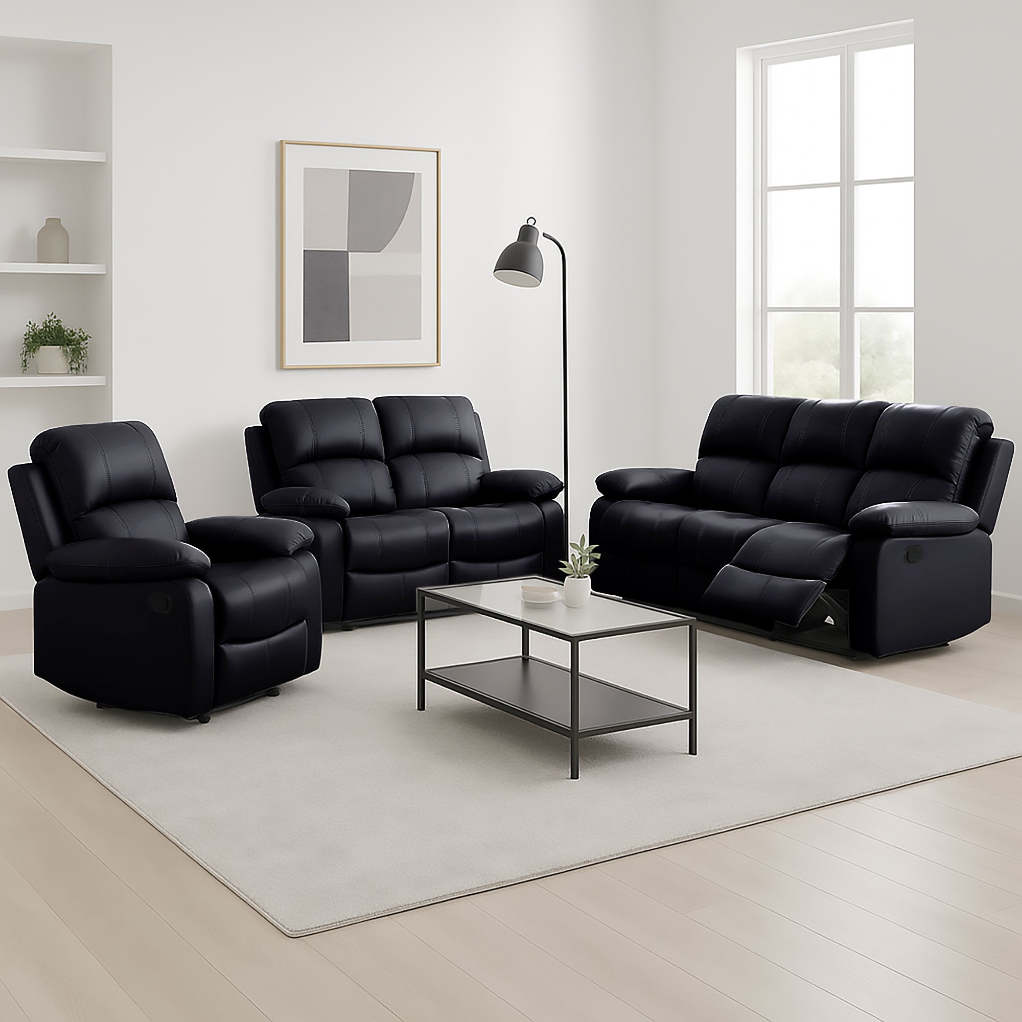 Faux Leather Manual Recliner Sofa Suite - Black - Bargainia.com - 
