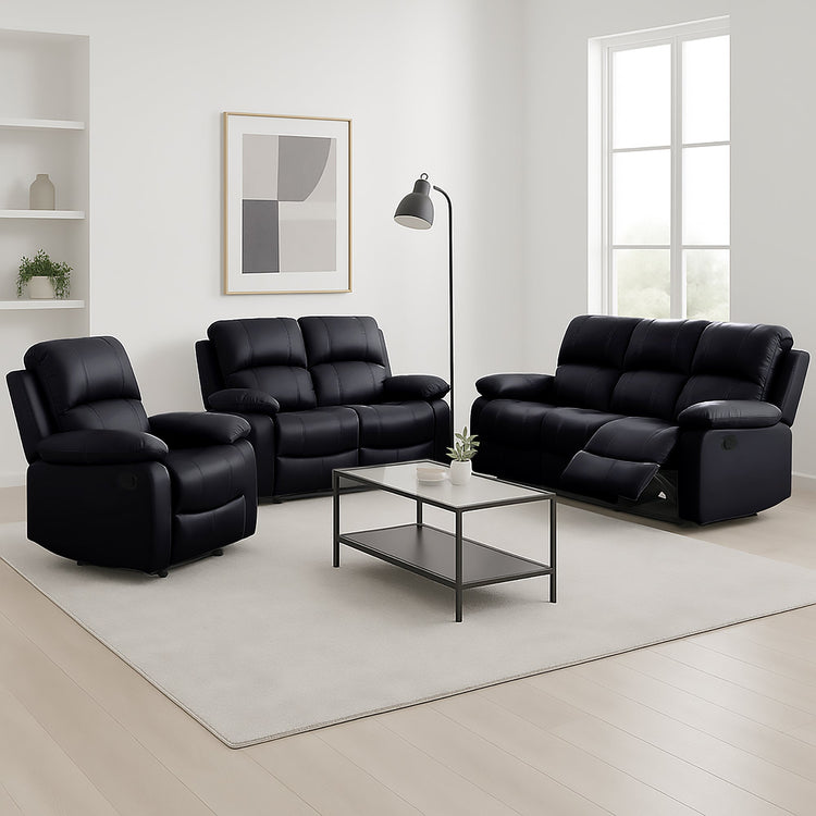 Faux Leather Manual Recliner Sofa Suite - Black - Bargainia.com - 