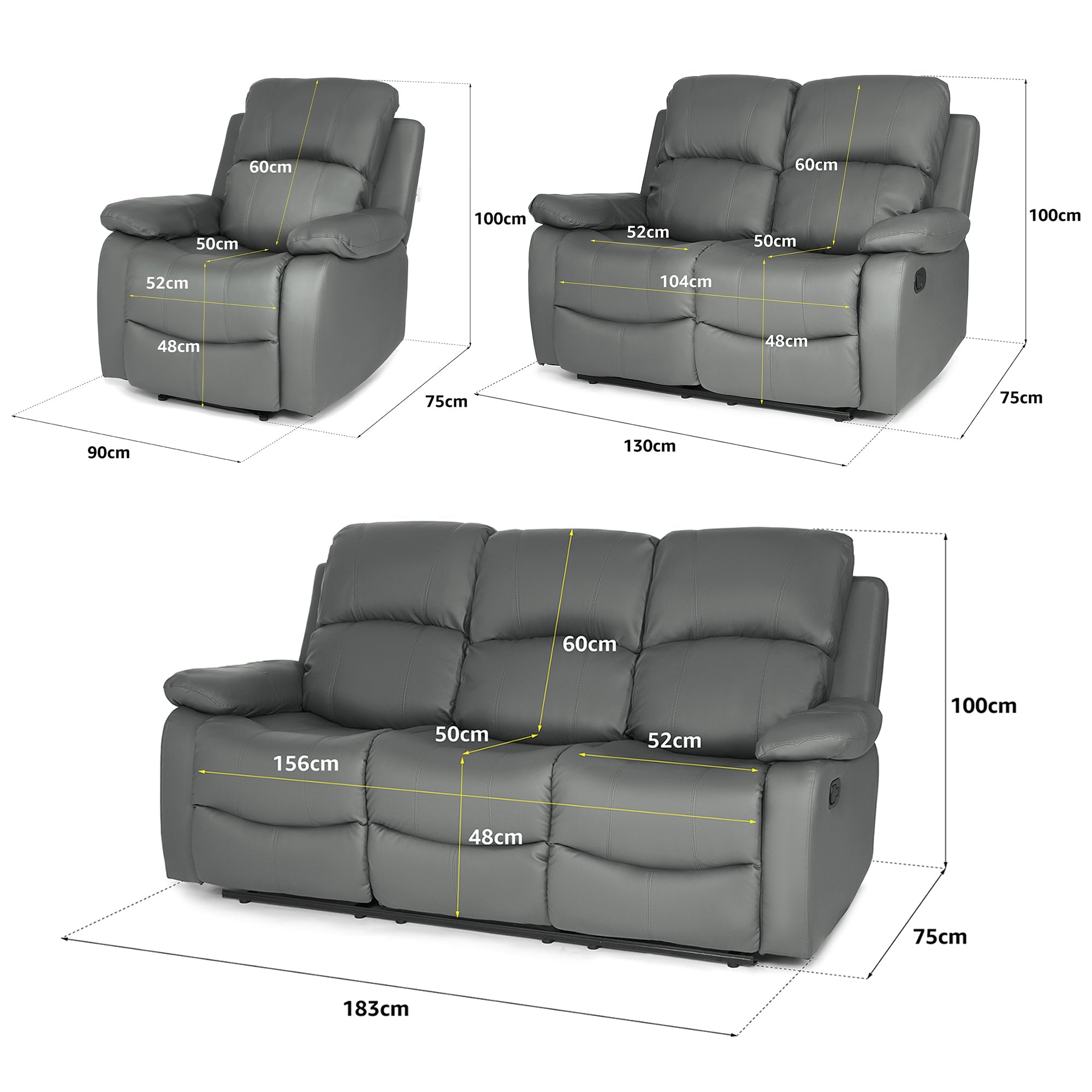 Faux Leather Manual Recliner Sofa Suite - Charcoal Grey - Bargainia.com - 8800228253583 - MLM-111433-S123