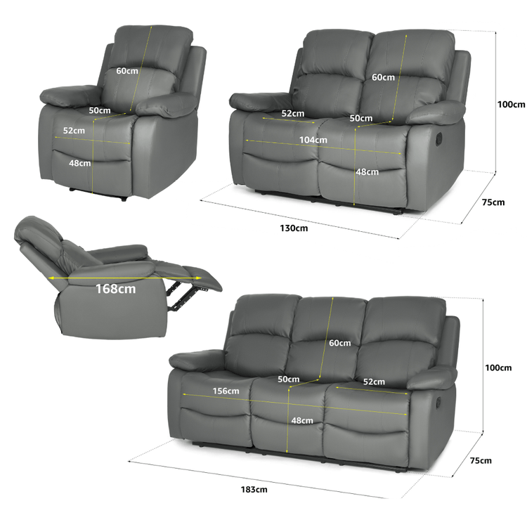 Faux Leather Manual Recliner Sofa Suite - Charcoal Grey Sofas Bargainia