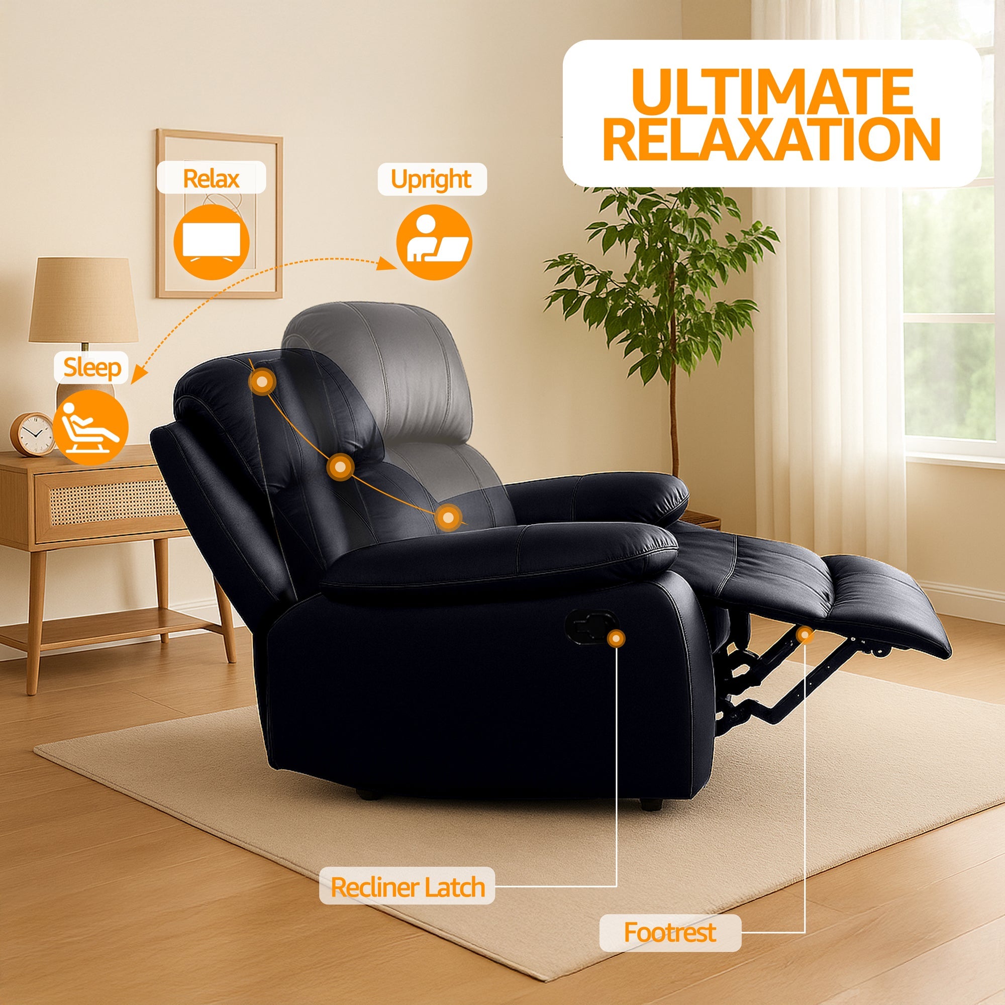 Faux Leather Manual Recliner Three Seater Sofa - Black - Bargainia.com - 5056150222927 - MLM-111433-3-BLK