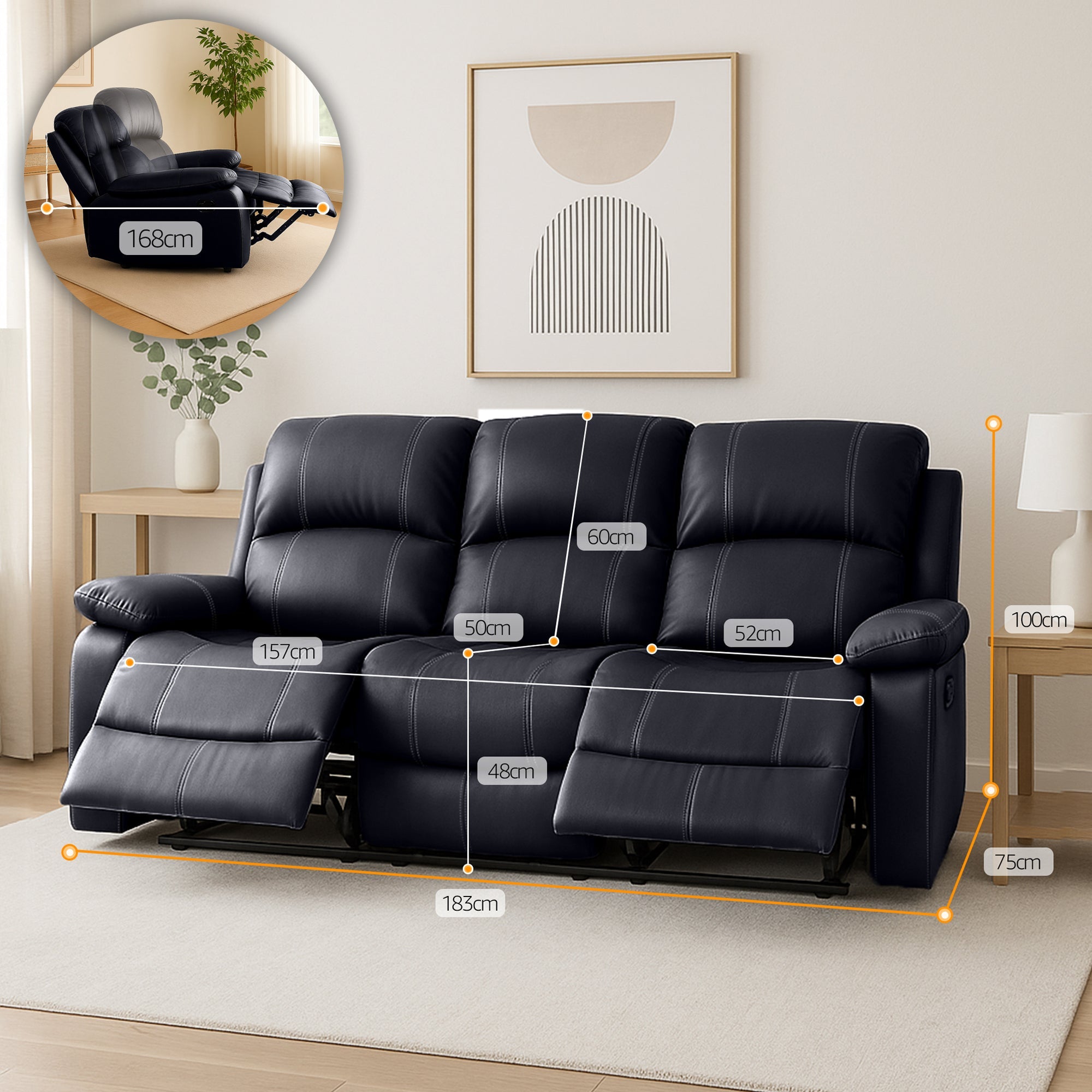 Faux Leather Manual Recliner Three Seater Sofa - Black - Bargainia.com - 5056150222927 - MLM-111433-3-BLK