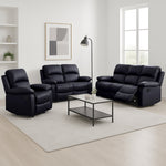 Faux Leather Manual Recliner Three Seater Sofa - Black - Bargainia.com - 