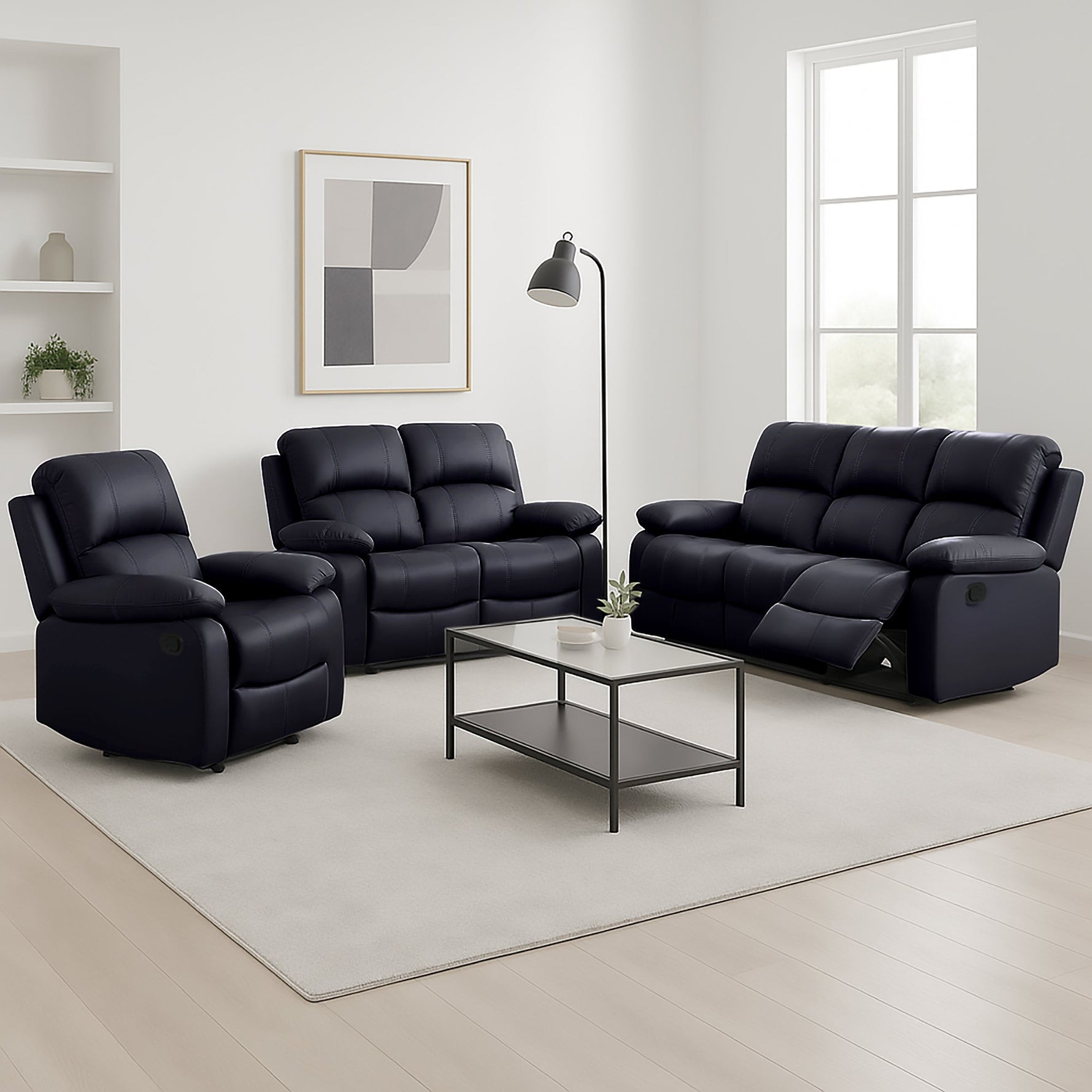 Faux Leather Manual Recliner Three Seater Sofa - Black - Bargainia.com - 