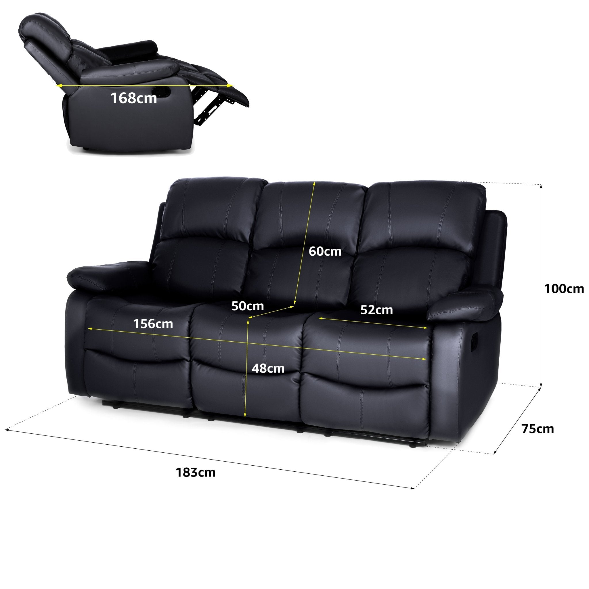 Faux Leather Manual Recliner Three Seater Sofa - Black Sofas Bargainia