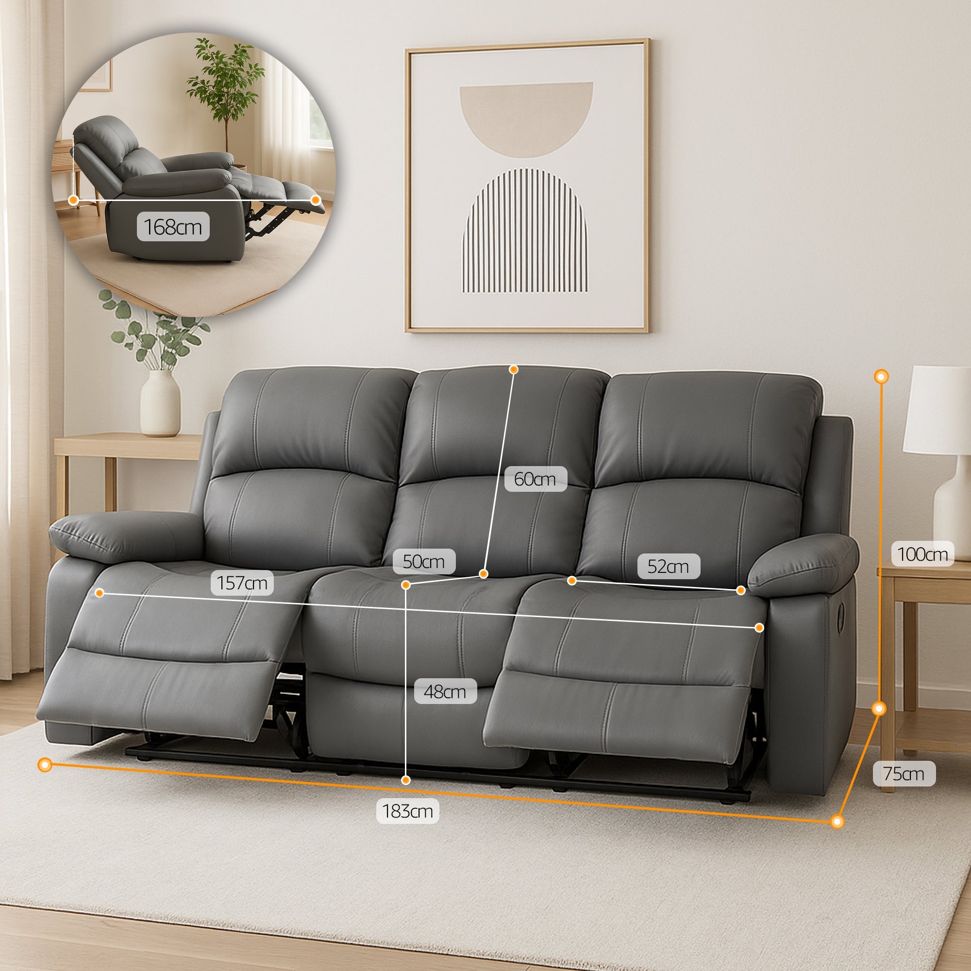 Faux Leather Manual Recliner Three Seater Sofa - Charcoal Grey - Bargainia.com - 8800228253453 - MLM-111433-3