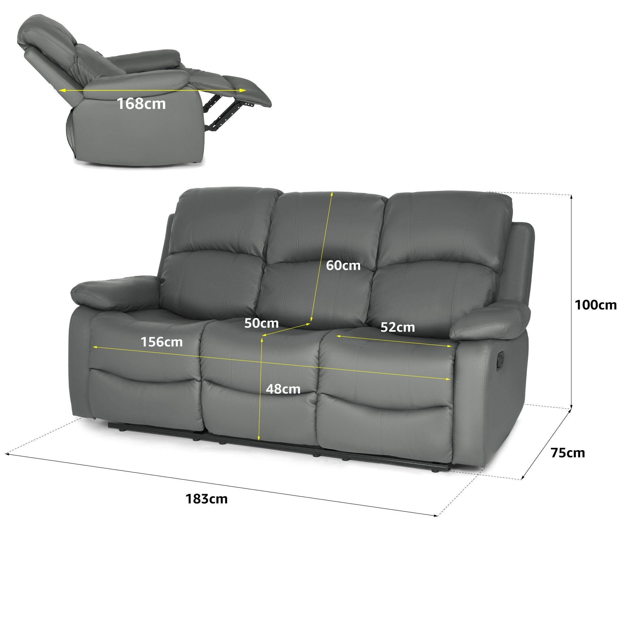 Faux Leather Manual Recliner Three Seater Sofa - Charcoal Grey Sofas Bargainia