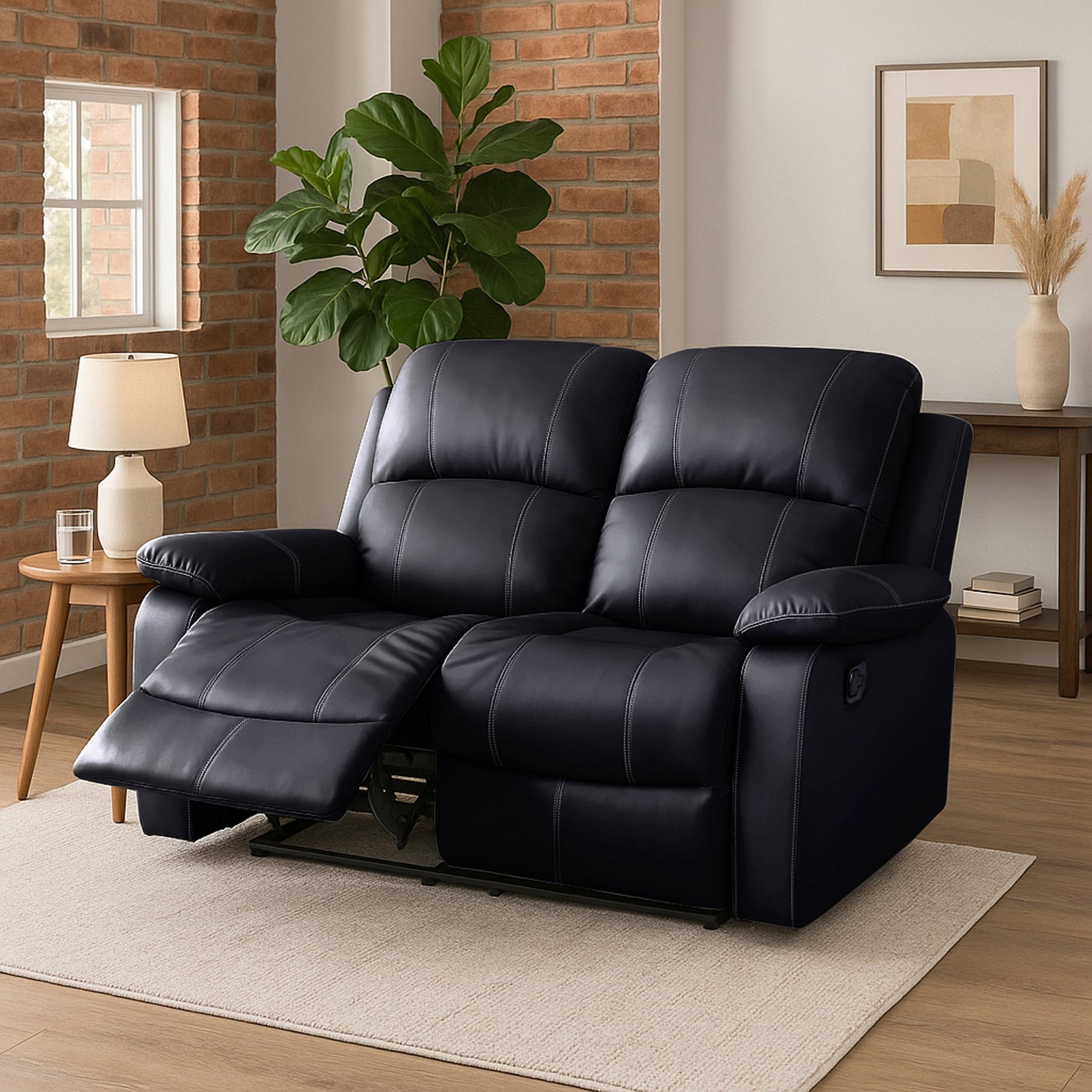 Faux Leather Manual Recliner Two Seater Sofa - Black - Bargainia.com - 