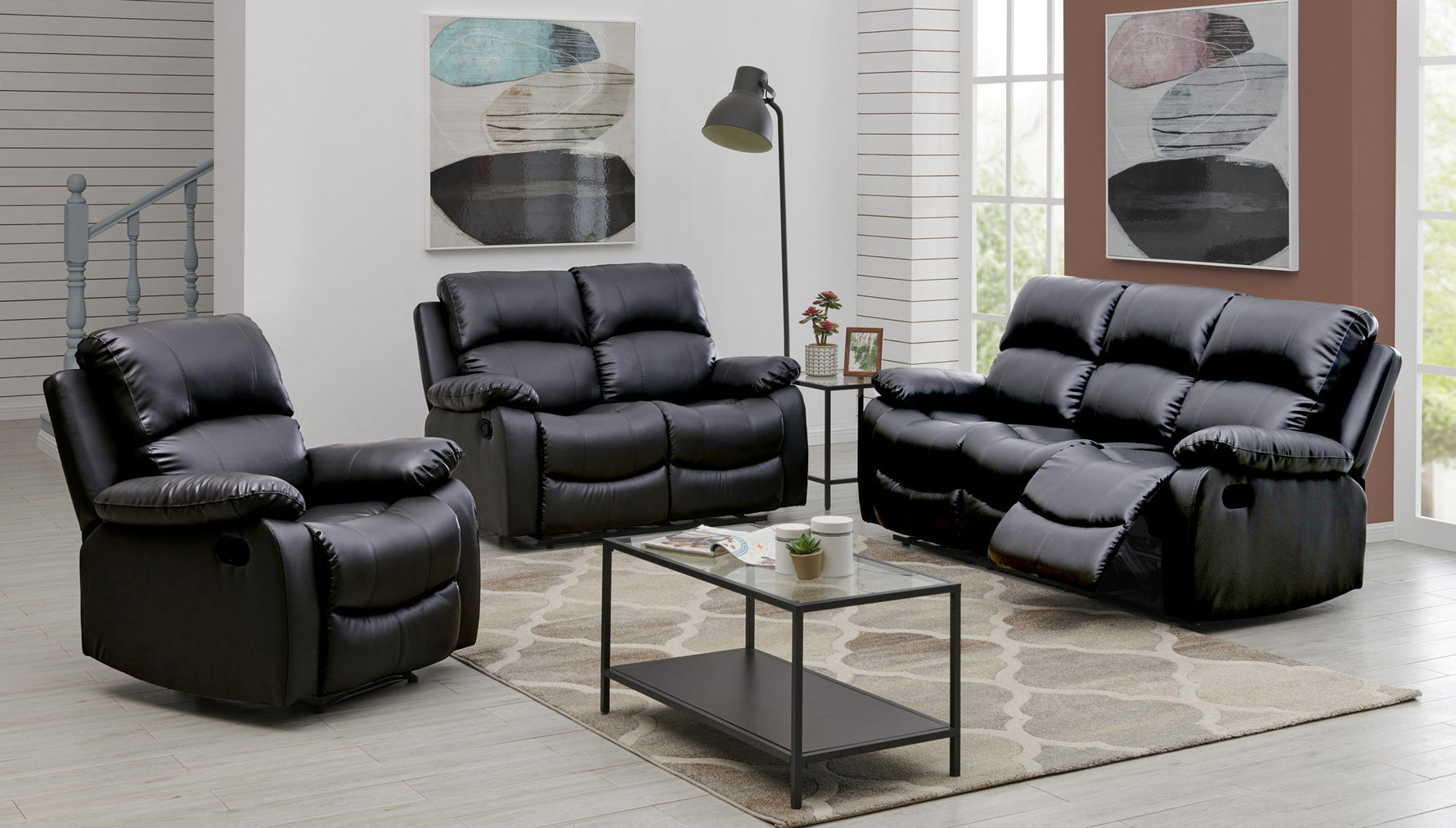 Faux Leather Manual Recliner Two Seater Sofa - Black - Bargainia.com - 