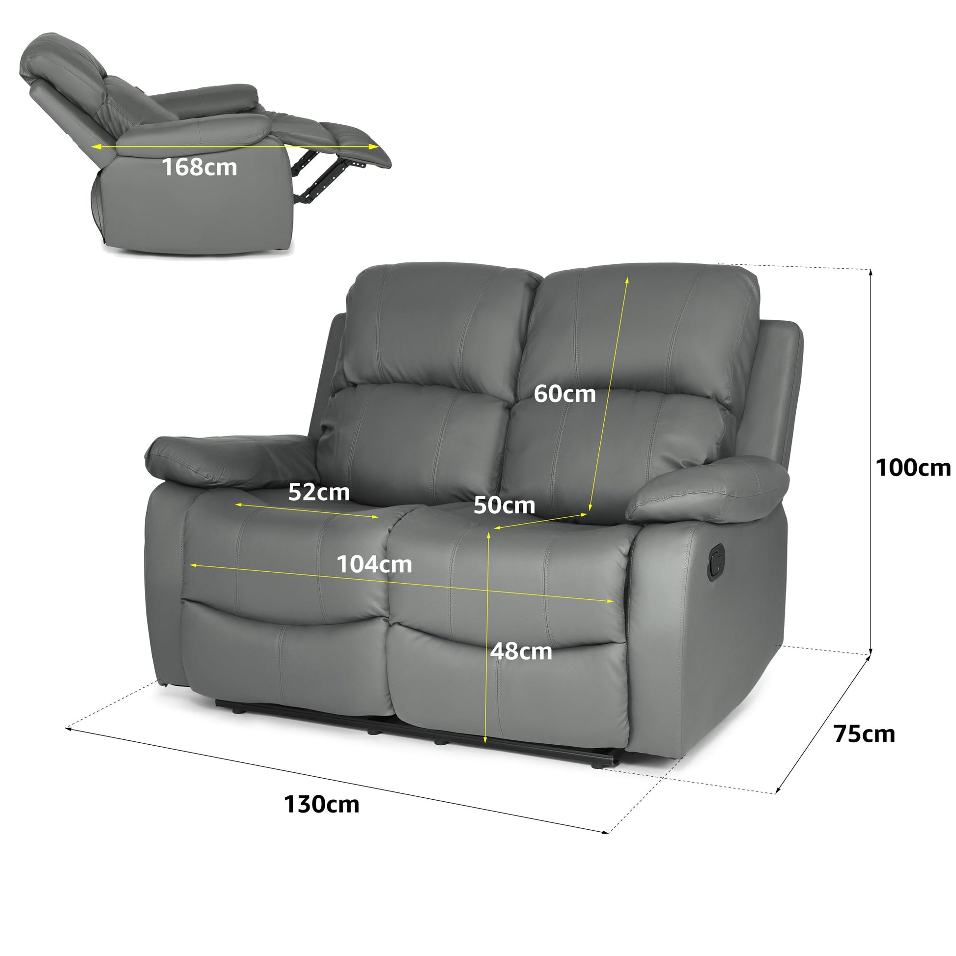 Faux Leather Manual Recliner Two Seater Sofa - Charcoal Grey - Bargainia.com - 8800228253323 - MLM-111433-2