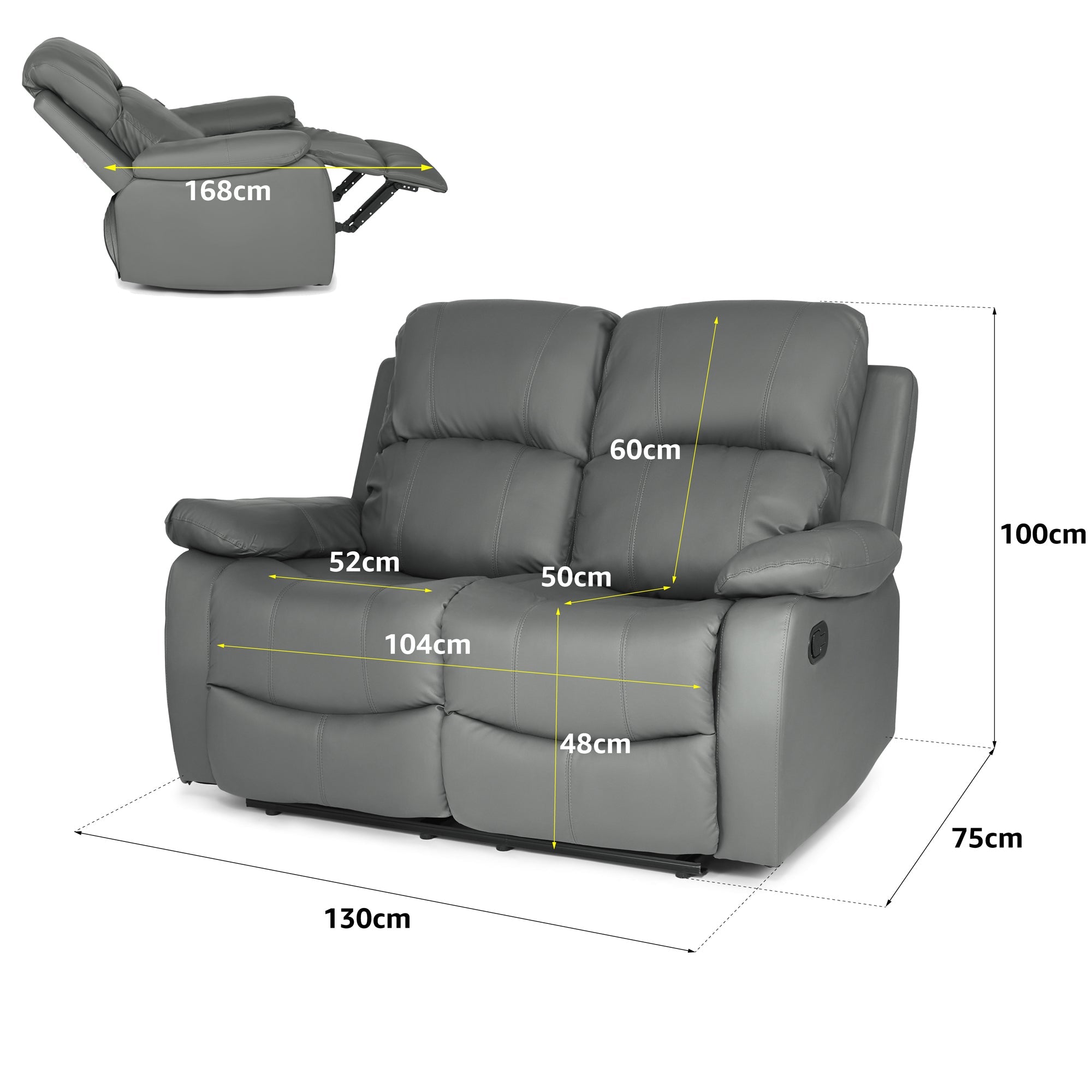 Faux Leather Manual Recliner Two Seater Sofa - Charcoal Grey - Bargainia.com - 8800228253323 - MLM-111433-2