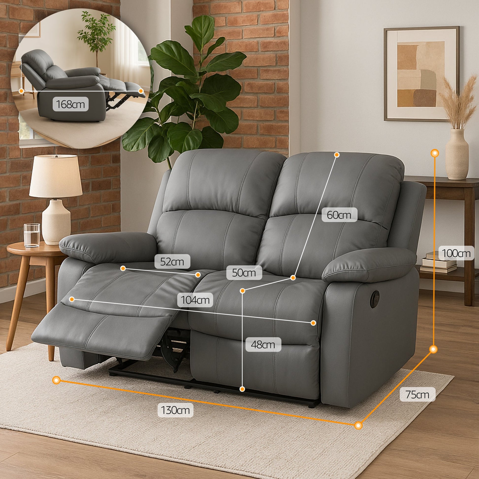 Faux Leather Manual Recliner Two Seater Sofa - Charcoal Grey - Bargainia.com - 8800228253323 - MLM-111433-2