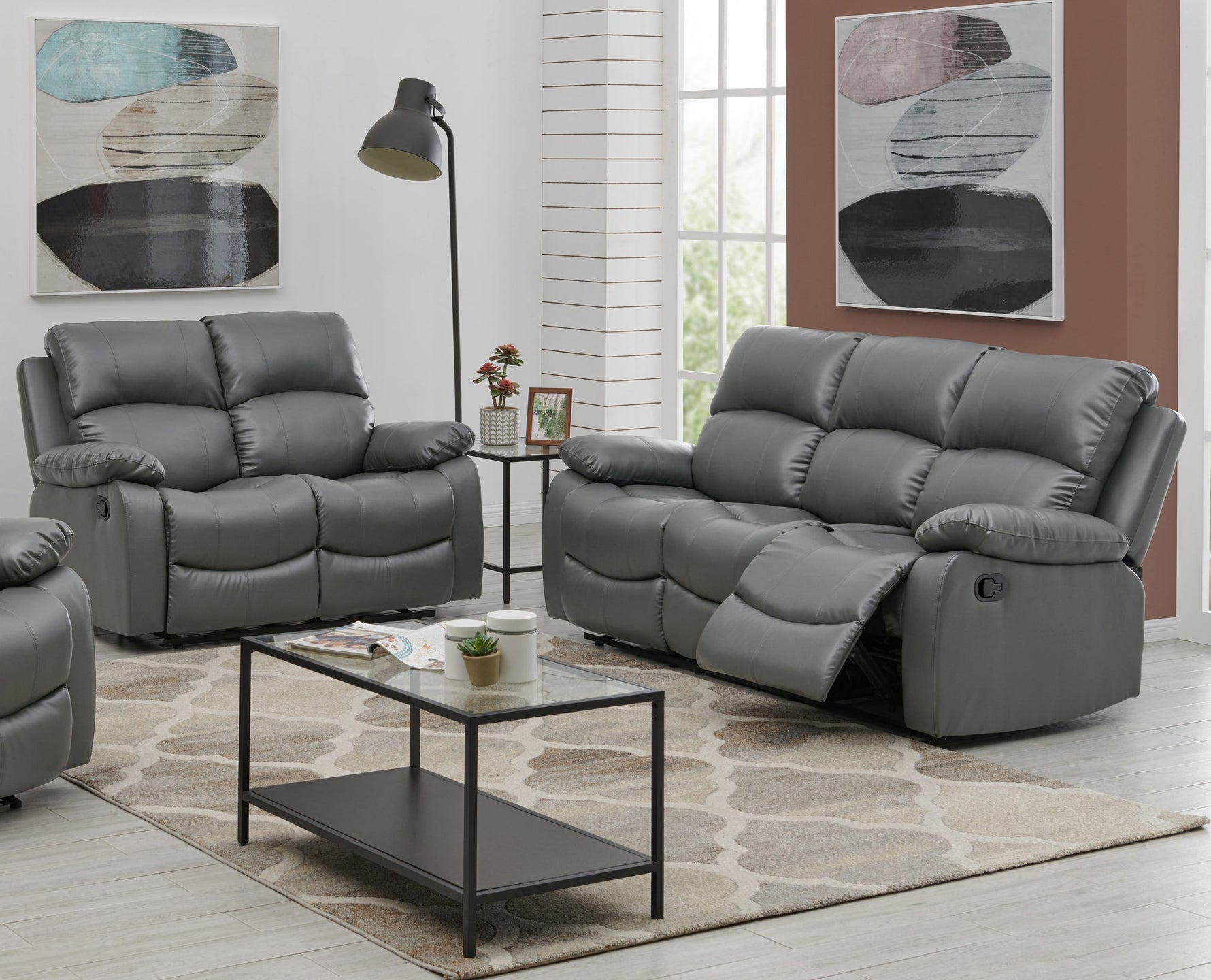 Faux Leather Manual Recliner Two & Three Seater Sofa Set - Charcoal Grey - Bargainia.com - 8800228253613