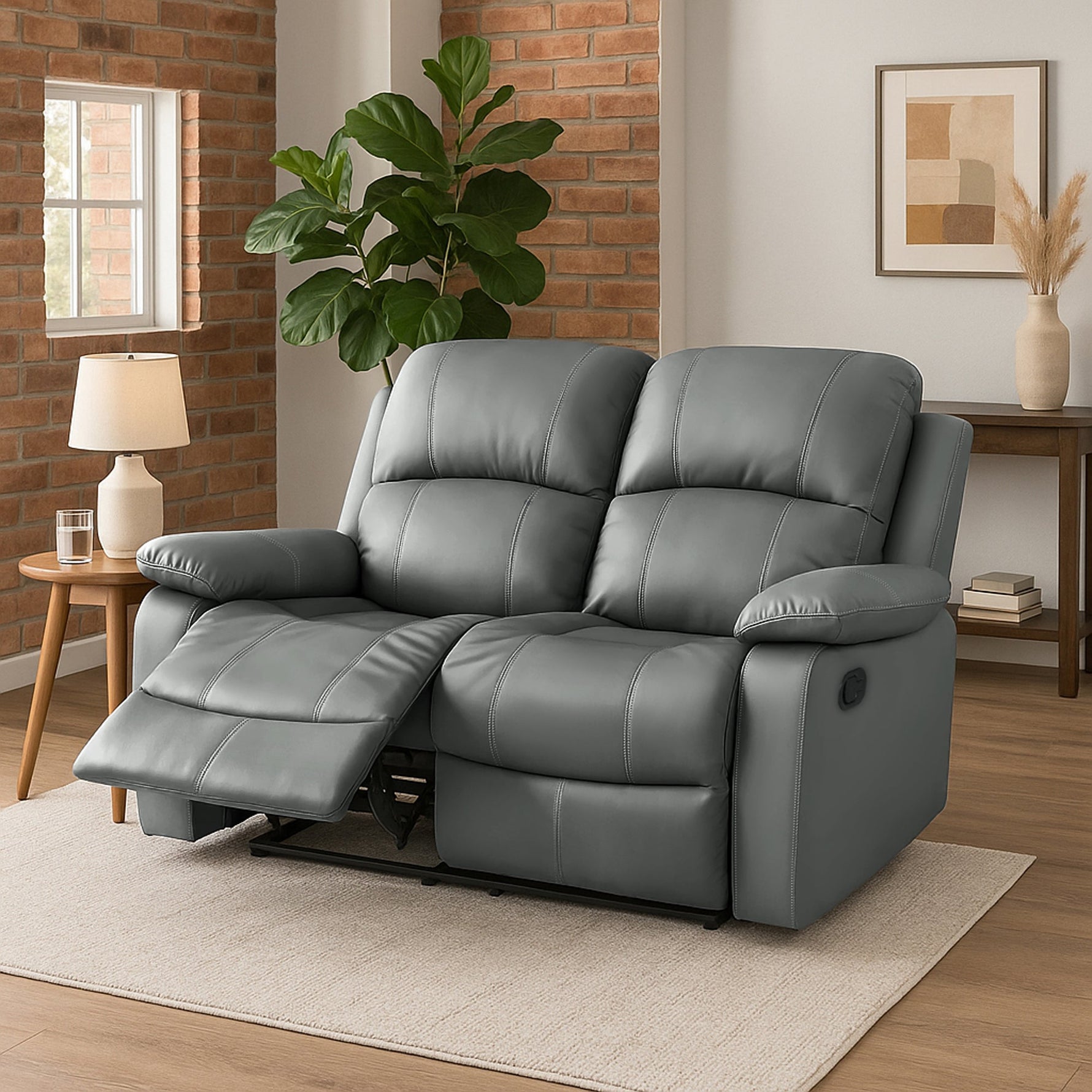 Faux Leather Manual Recliner Two & Three Seater Sofa Set - Charcoal Grey - Bargainia.com - 