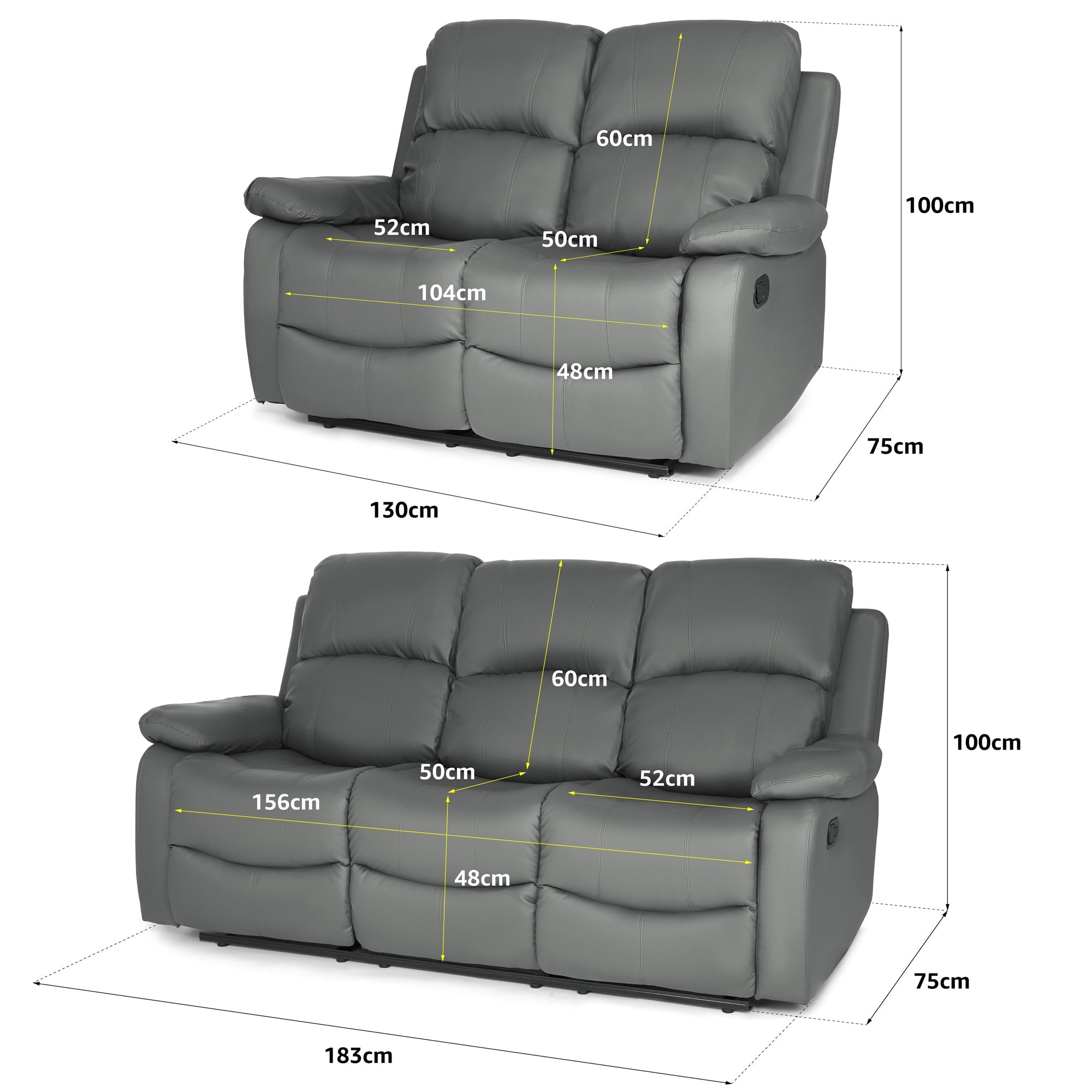 Faux Leather Manual Recliner Two & Three Seater Sofa Set - Charcoal Grey - Bargainia.com - 8800228253613 - MLM-111433-S23