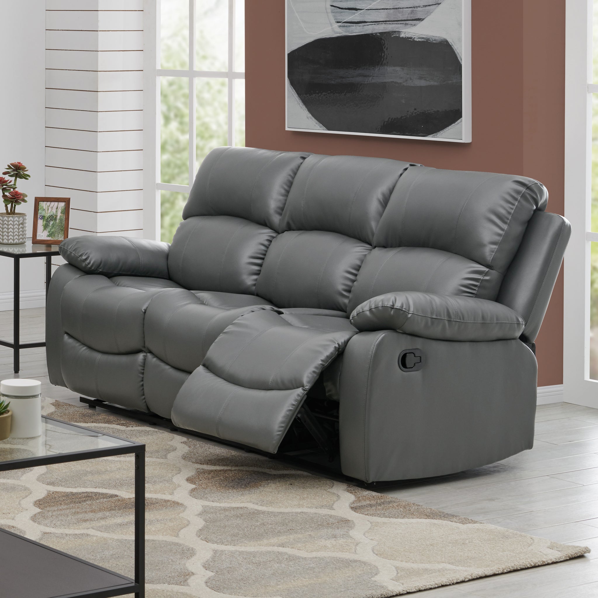 Faux Leather Manual Recliner Two & Three Seater Sofa Set - Charcoal Grey Sofas Bargainia