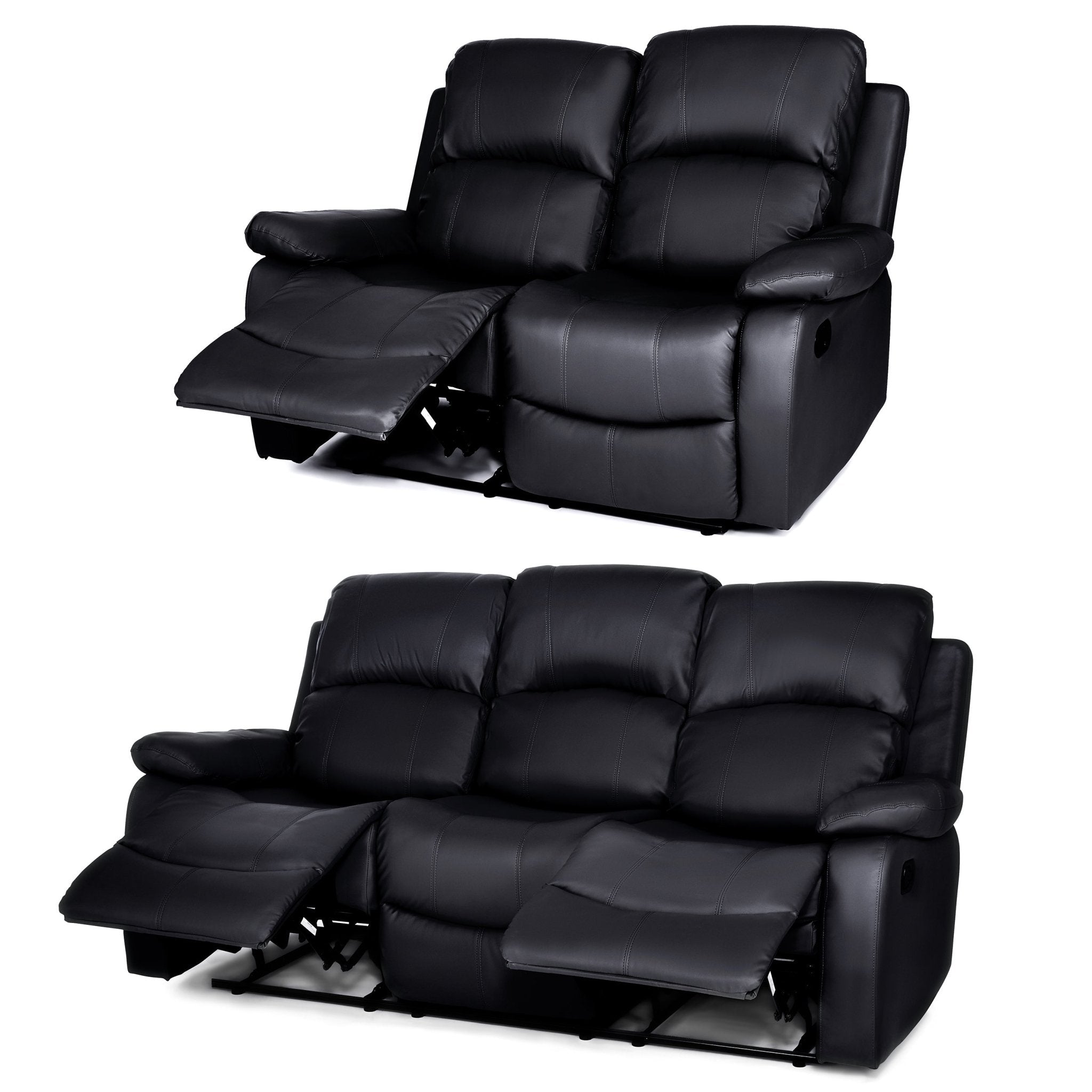 Faux Leather Manual Recliner Two & Three Sofa Set - Black - Bargainia.com - 