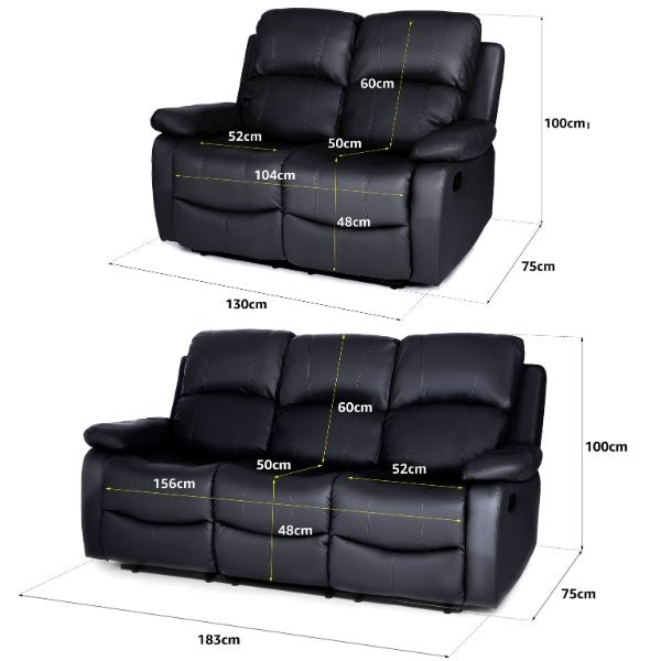 Faux Leather Manual Recliner Two & Three Sofa Set - Black - Bargainia.com - 