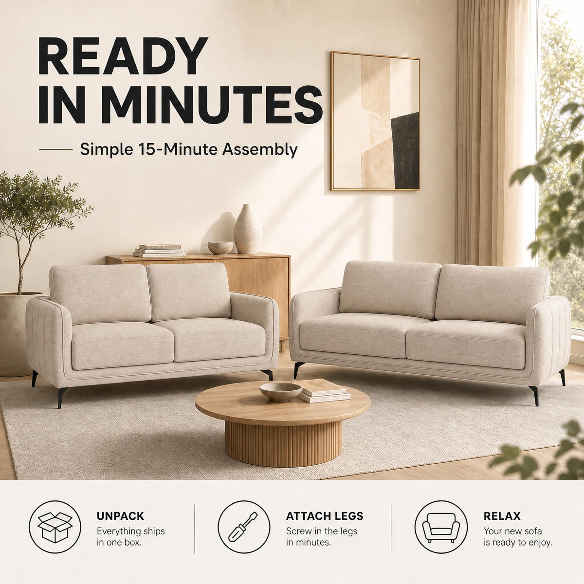 Brixton Cream Fabric Sofa Set, 2 Seater and 3 Seater Linen Look Settees with Solid Wood Frame and Steel Legs
