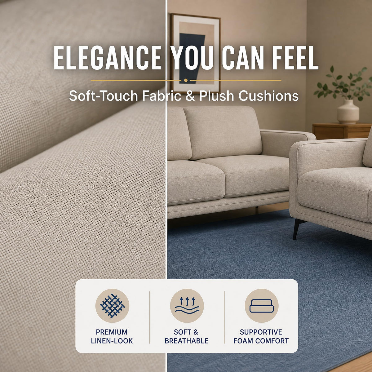 Brixton Cream Fabric Sofa Set, 2 Seater and 3 Seater Linen Look Settees with Solid Wood Frame and Steel Legs