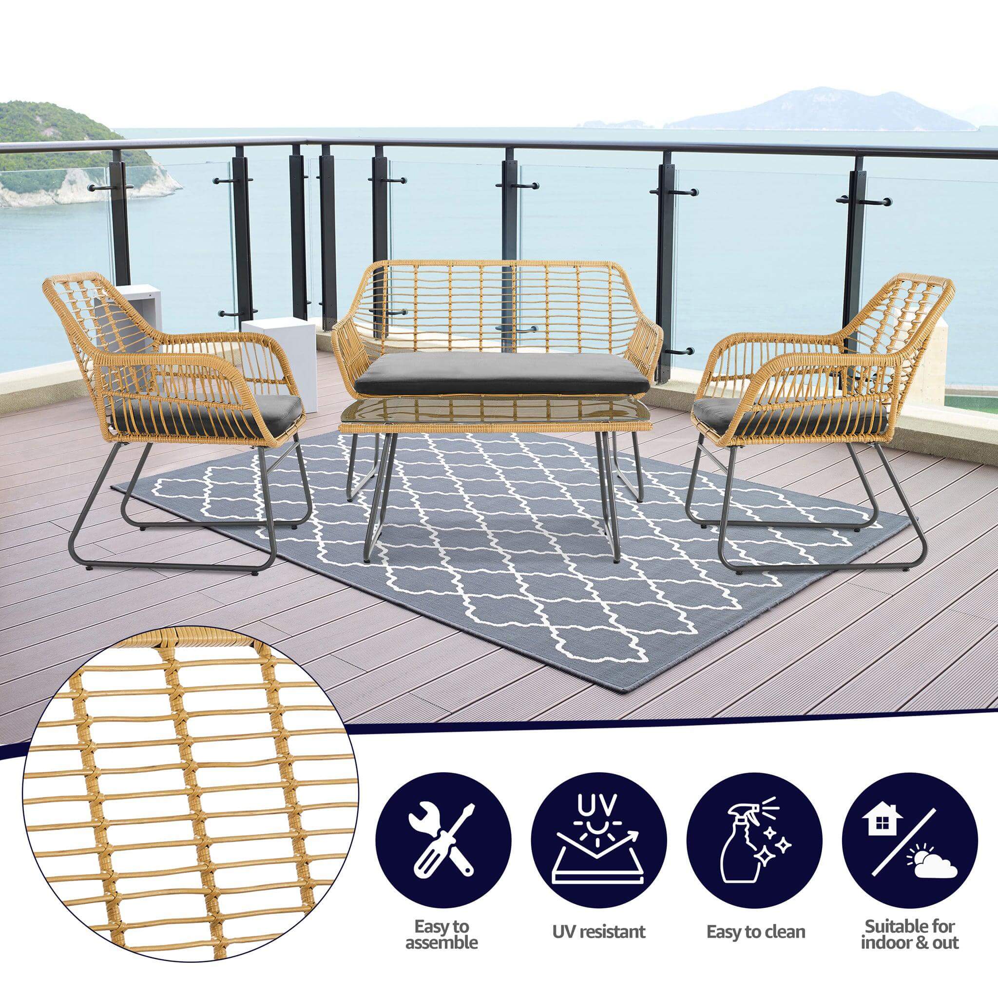 Florence Wicker PE Rattan Garden Outdoor Sofa, Table & Chairs 4 Piece Set Clearance