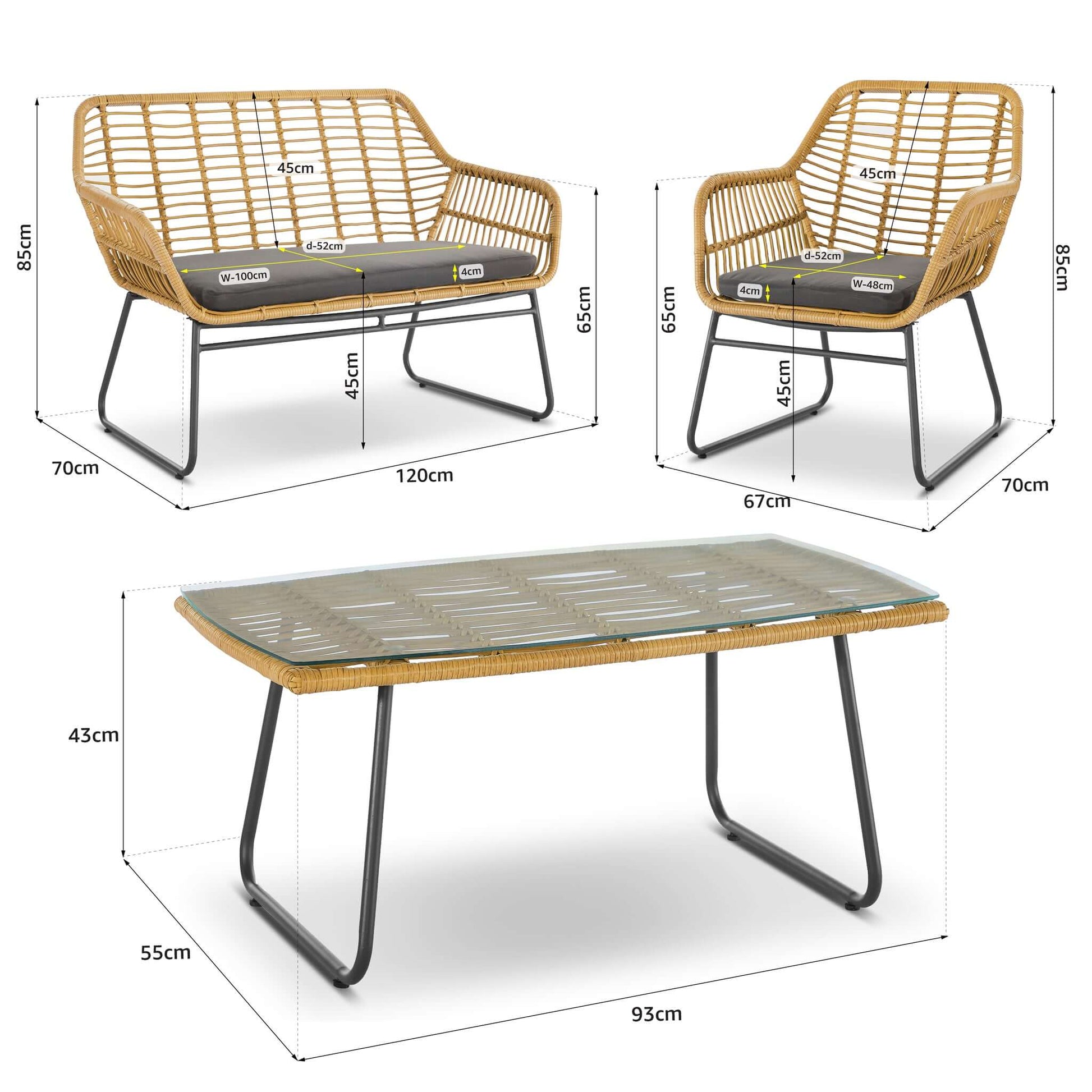 Florence Wicker PE Rattan Garden Outdoor Sofa, Table & Chairs 4 Piece Set Clearance