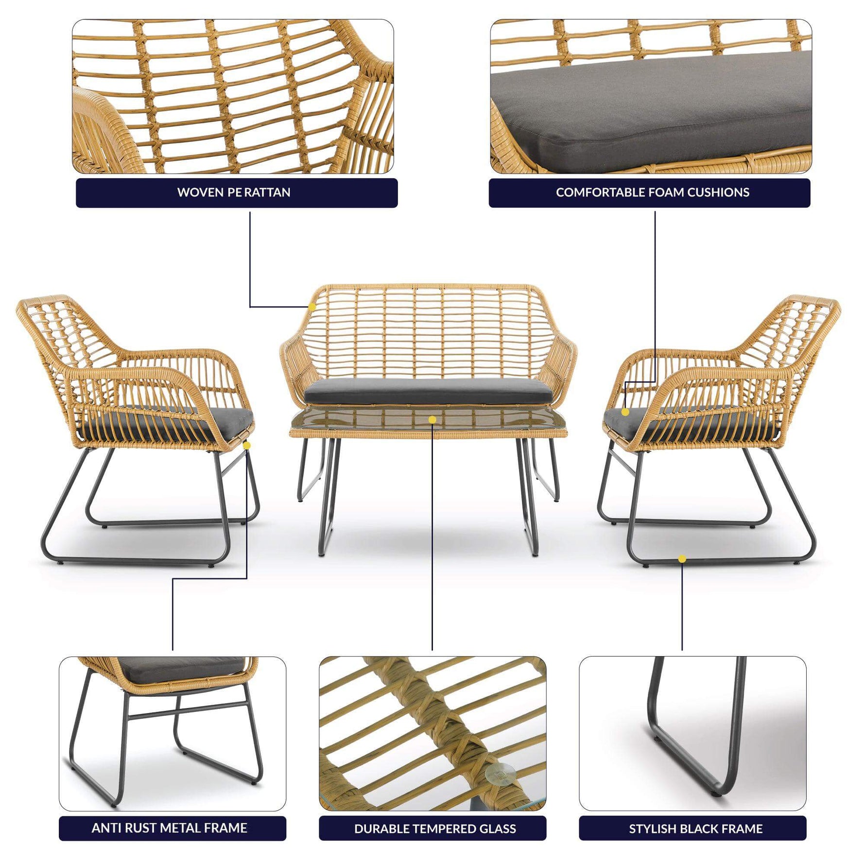 Florence Wicker PE Rattan Garden Outdoor Sofa, Table & Chairs 4 Piece Set - Bargainia.com - 