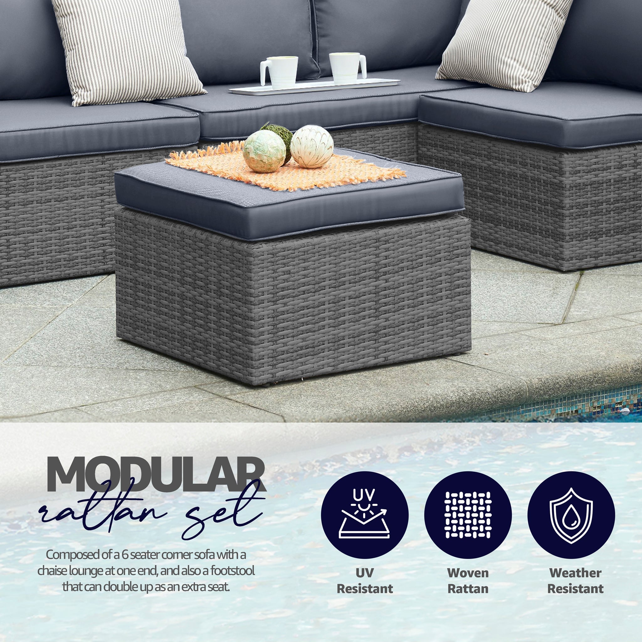 Forli 6 Seater Rattan Corner Sofa & Footstool Modular Garden Furniture Set With Rain Cover Clearance
