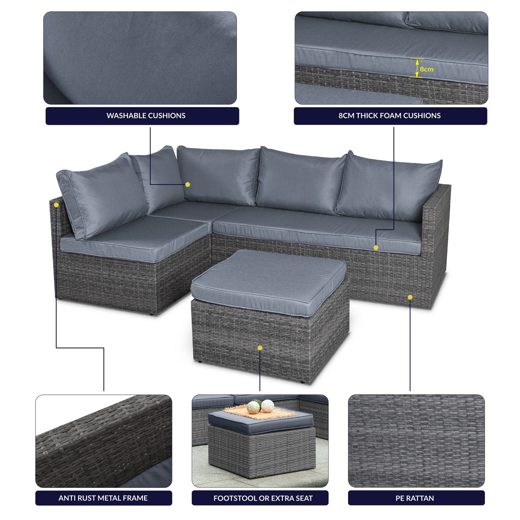 Forli 6 Seater Rattan Corner Sofa & Footstool Modular Garden Furniture Set With Rain Cover - Bargainia.com - 