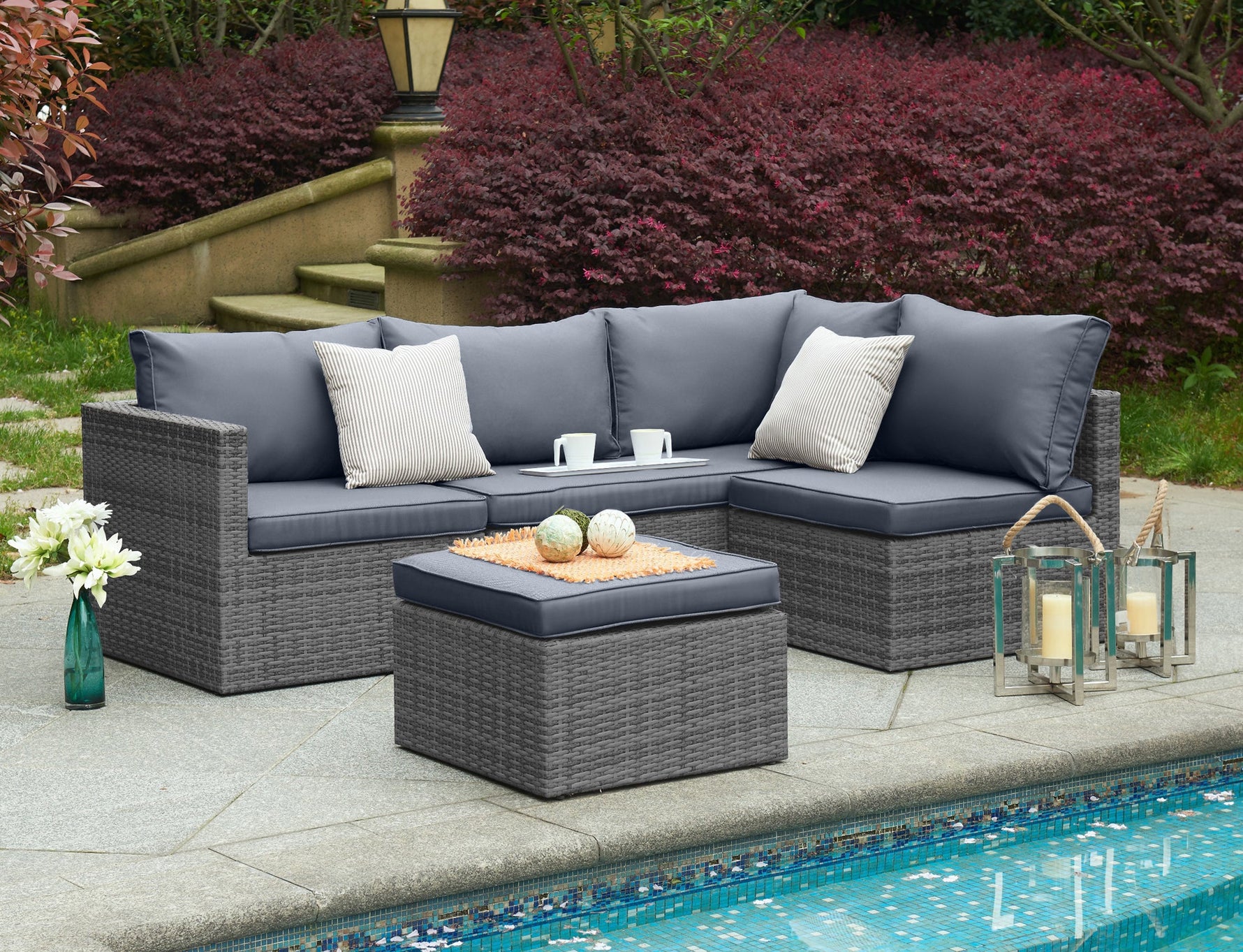 Forli 6 Seater Rattan Corner Sofa & Footstool Modular Garden Furniture Set With Rain Cover - Bargainia.com - 