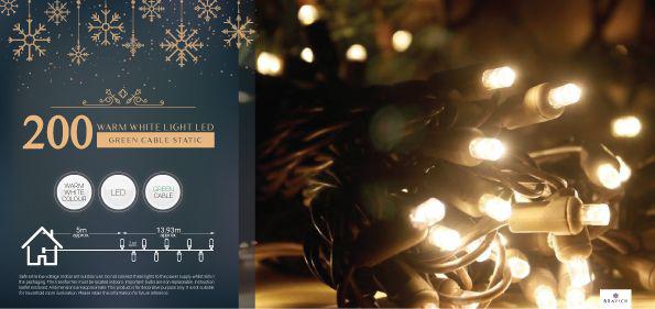 Indoor/Outdoor Static LED Waterproof Fairy Lights with Green Cable (200) - Warm White-8800225807239-Bargainia.com