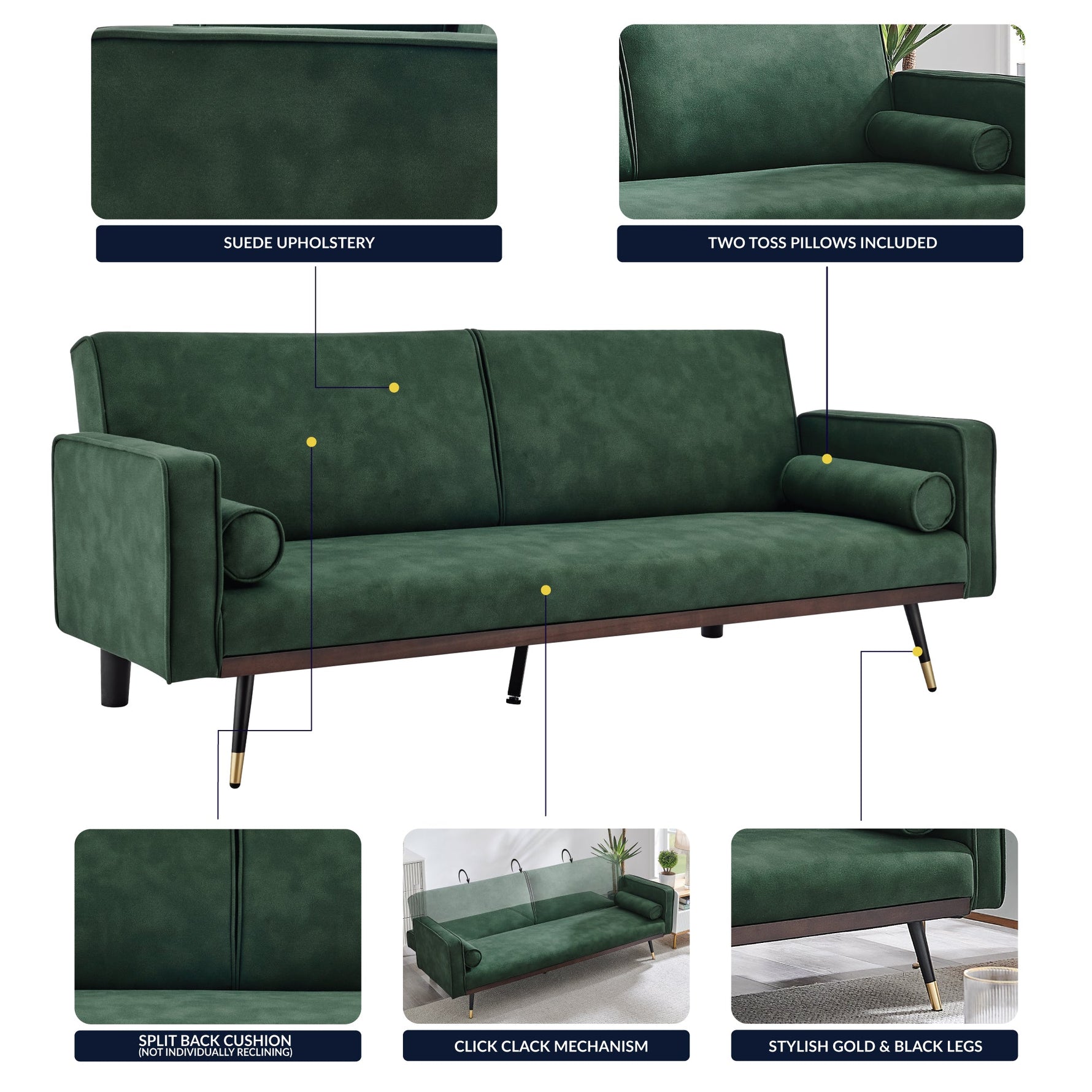 Green Sofa Bed 3 Seater Faux Suede Click Clack - Jenna - Bargainia.com - 