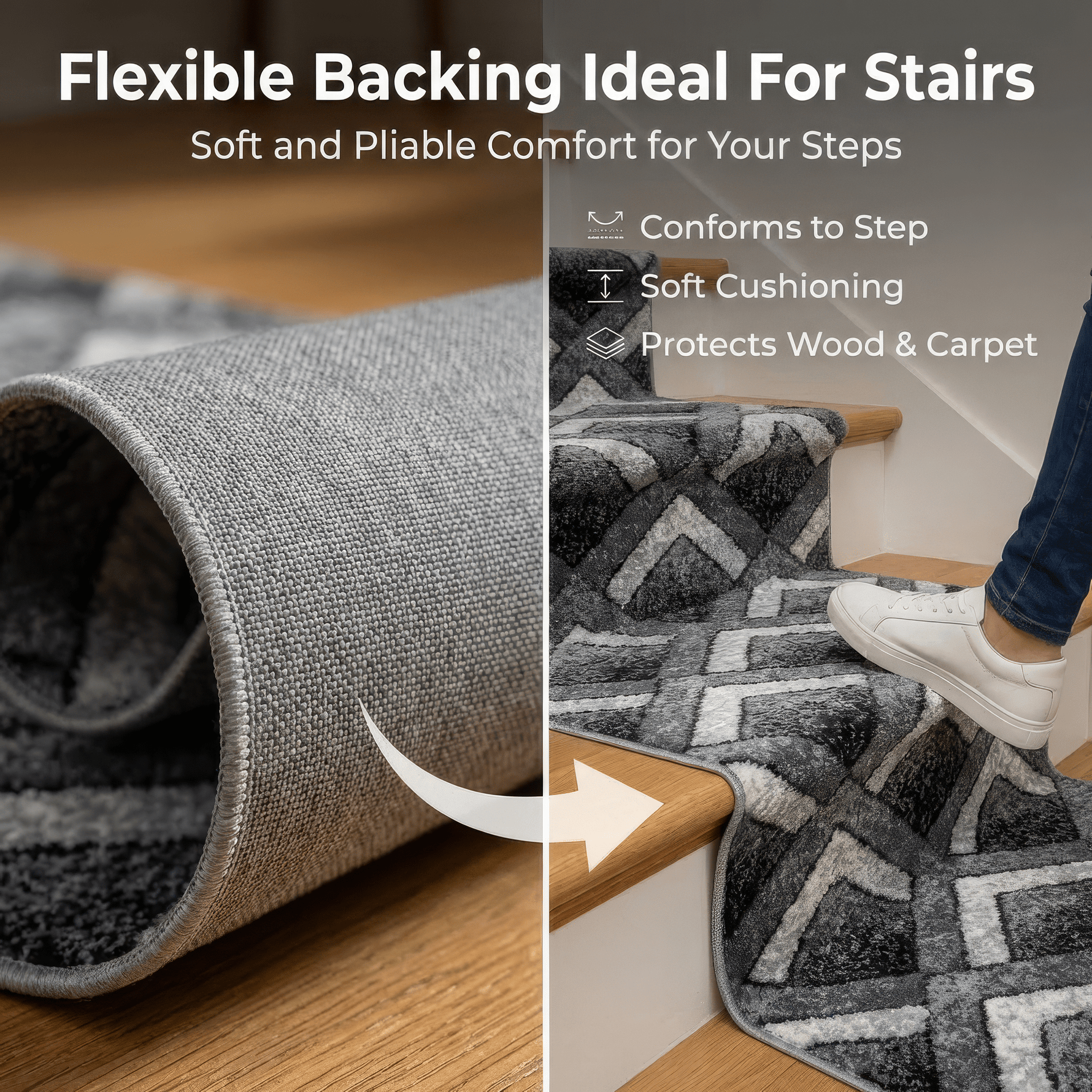 Grey Chevron Runner Rug | Hessian Backed Flexible Stair & Hallway Carpet Runner - Bargainia.com - 