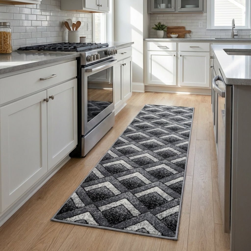 Grey Chevron Runner Rug | Hessian Backed Flexible Stair & Hallway Carpet Runner - Bargainia.com - 