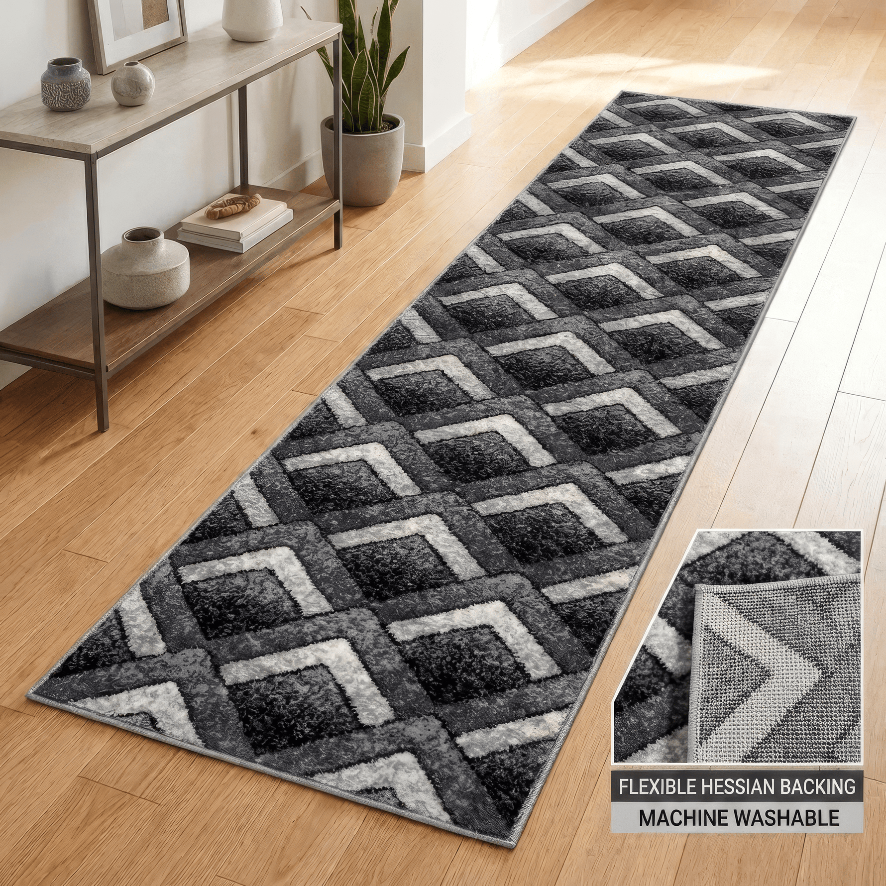 Grey Chevron Runner Rug | Hessian Backed Flexible Stair & Hallway Carpet Runner - Bargainia.com - 