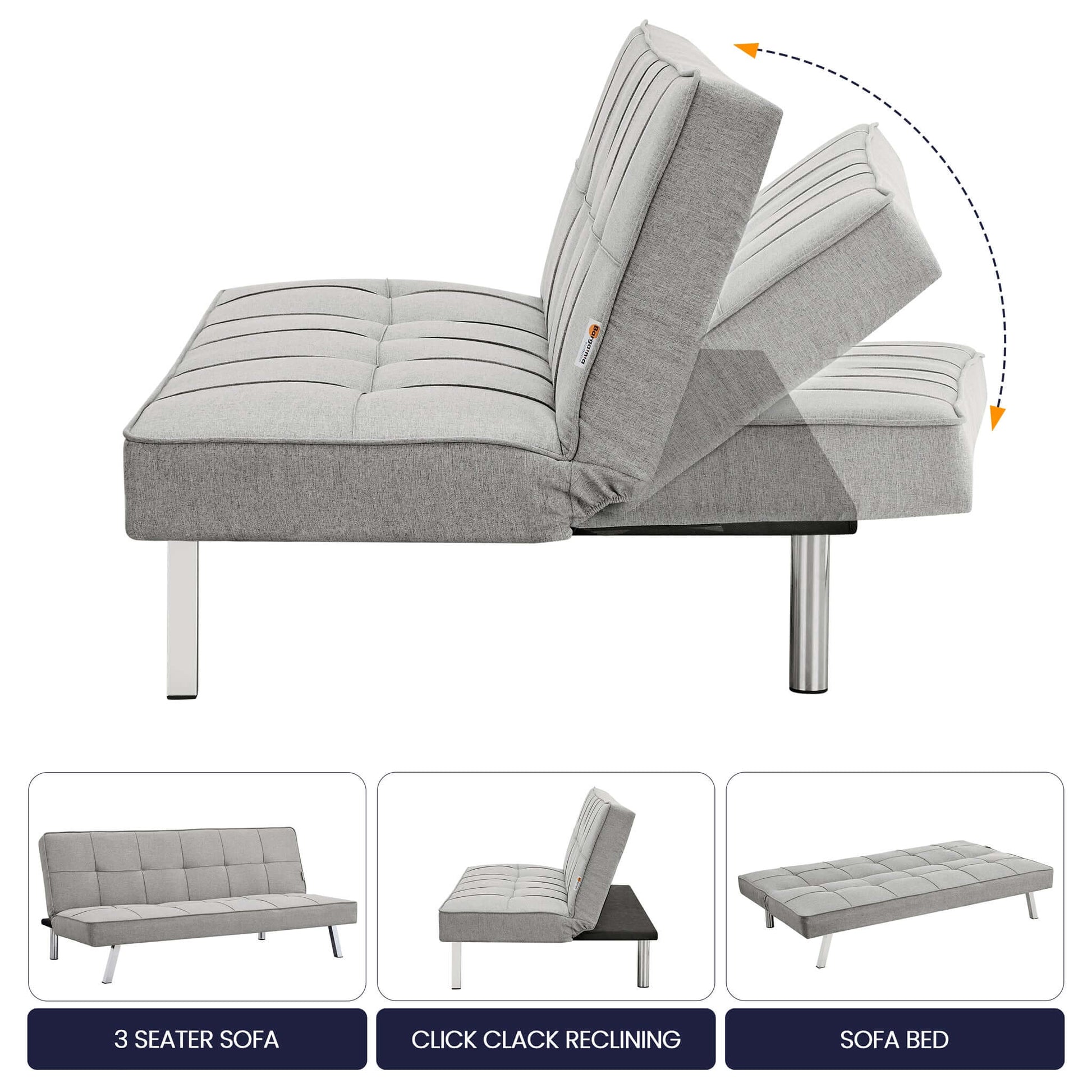 Grey Click Clack 3 Seater Sofa Bed - Britney Bargainia